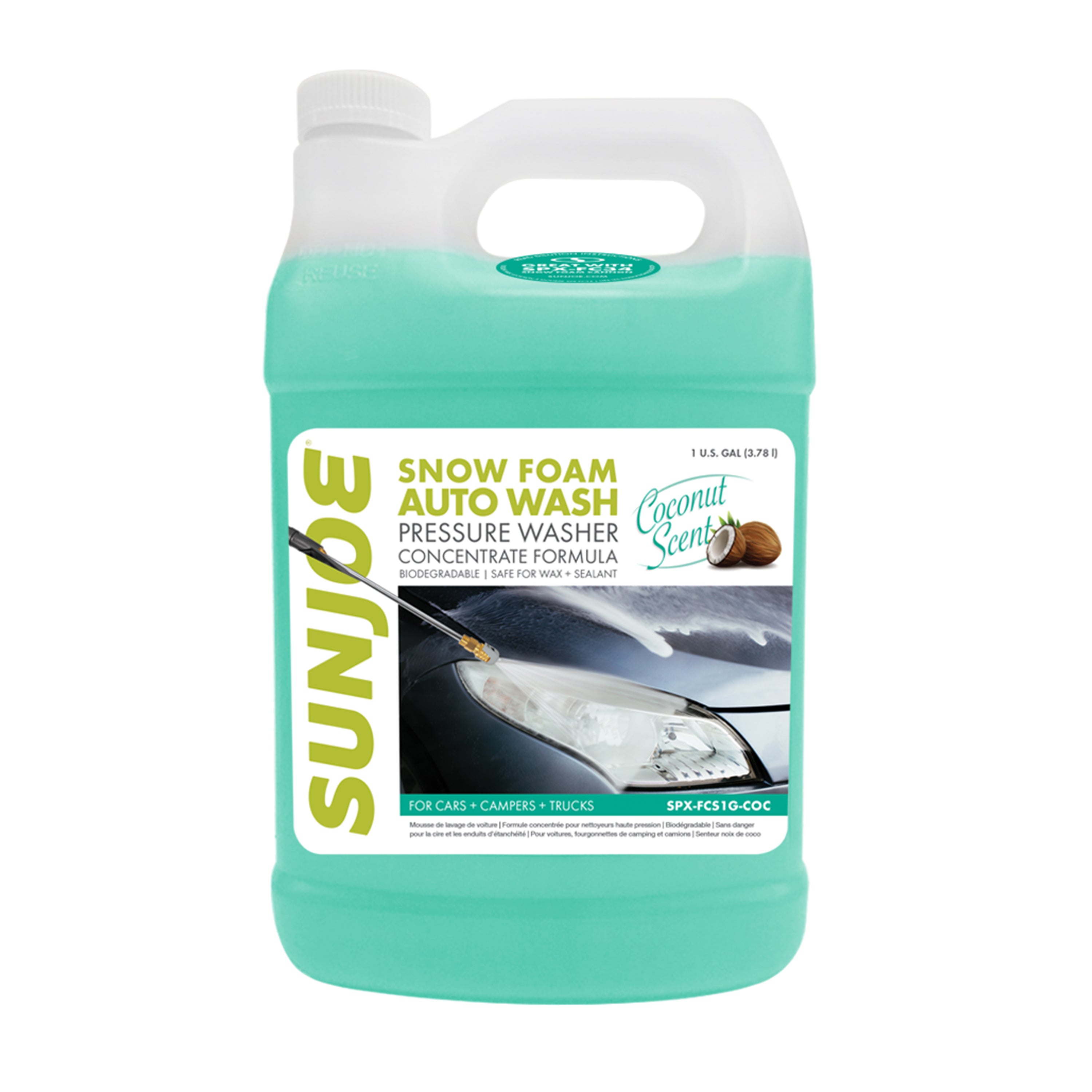 Front view of the Sun Joe 1-gallon Coconut Scented Premium Snow Foam Pressure Washer Rated Car Wash Soap and Cleaner.