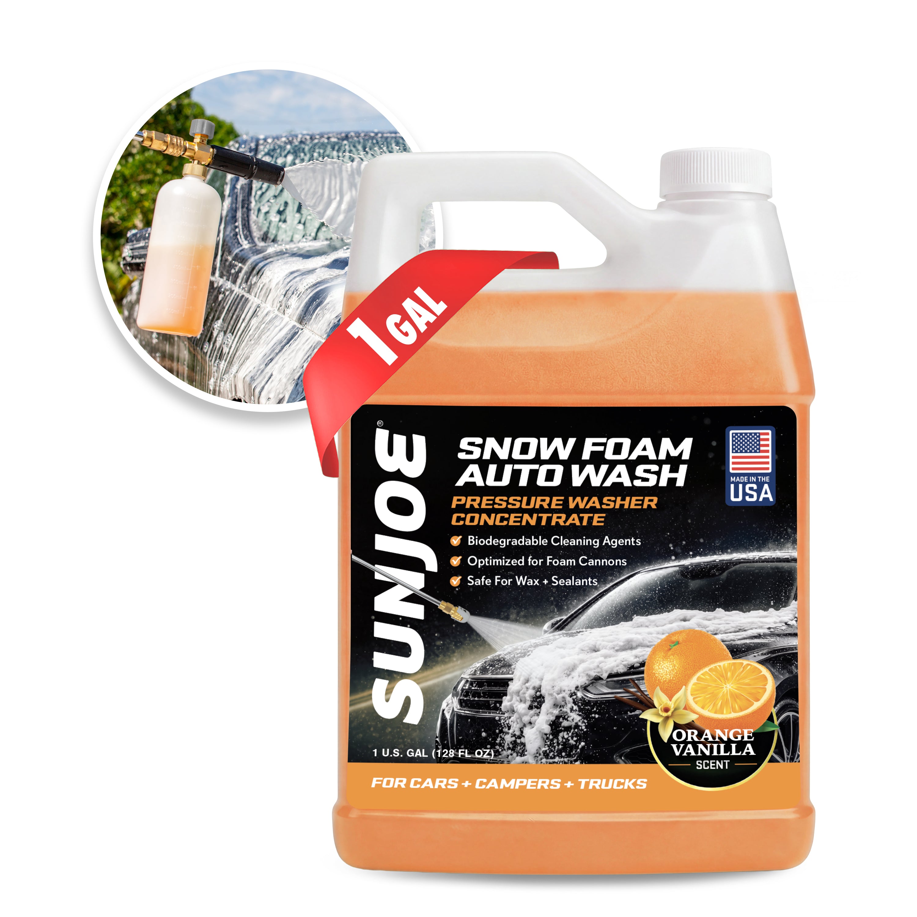 Sun Joe Premium Snow Foam Car Wash Soap and Cleaner | 1-Gal. | Orange-Vanilla Scent