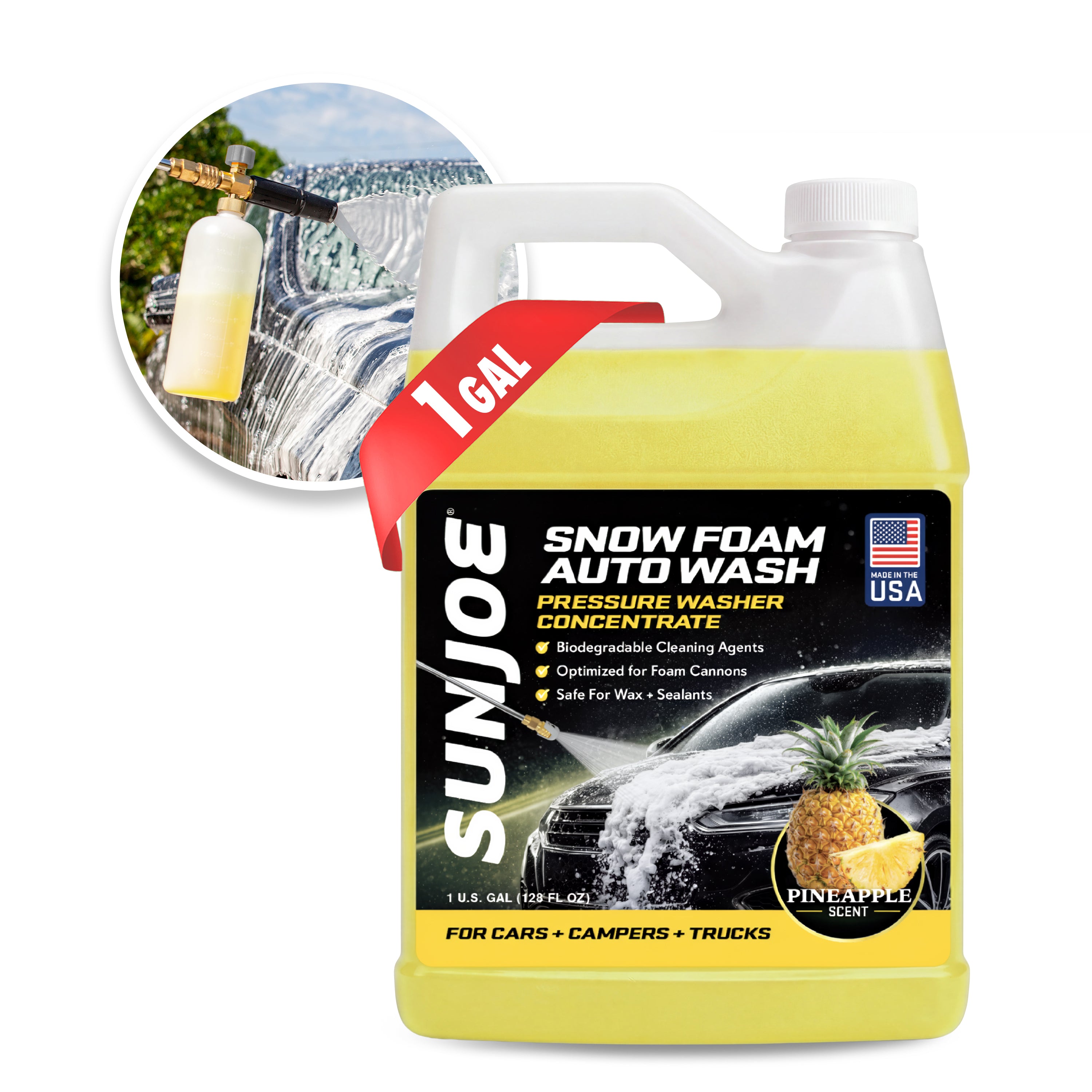 Sun Joe Premium Snow Foam Pressure Washer Rated Car Wash Soap + Cleaner, Pineapple Scent | 1 Gal.