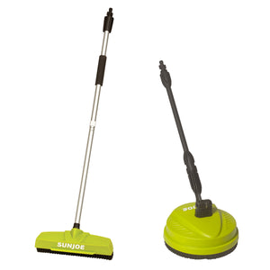 Sun Joe 10-inch Deck and Patio Cleaning Attachment and a power scrubbing broom attachment for pressure washers.