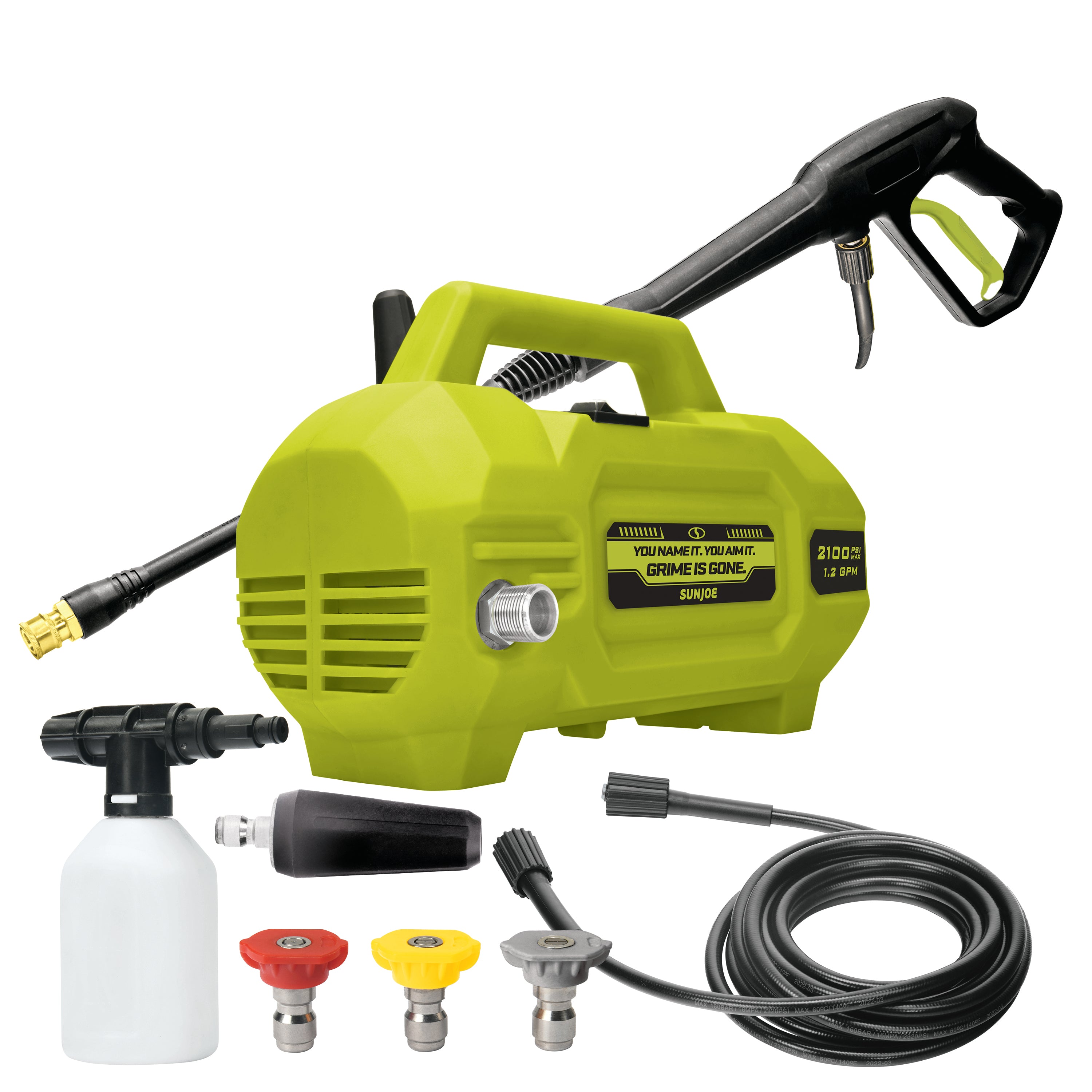 Sun Joe 13-amp 2100 PSI Electric Handheld Pressure Washer, hose, turbo nozzle, foam cannon, lance, and quick-connect tips.