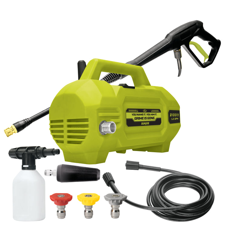 Sun Joe 13-amp 2100 PSI Electric Handheld Pressure Washer, hose, turbo nozzle, foam cannon, lance, and quick-connect tips.