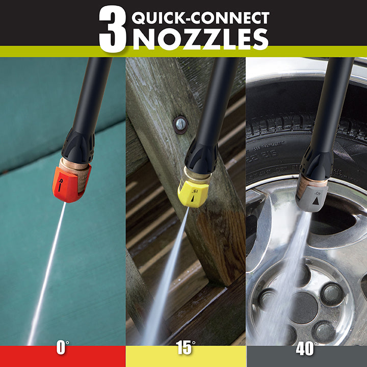 3 quick-connect nozzles with different angled sprays.