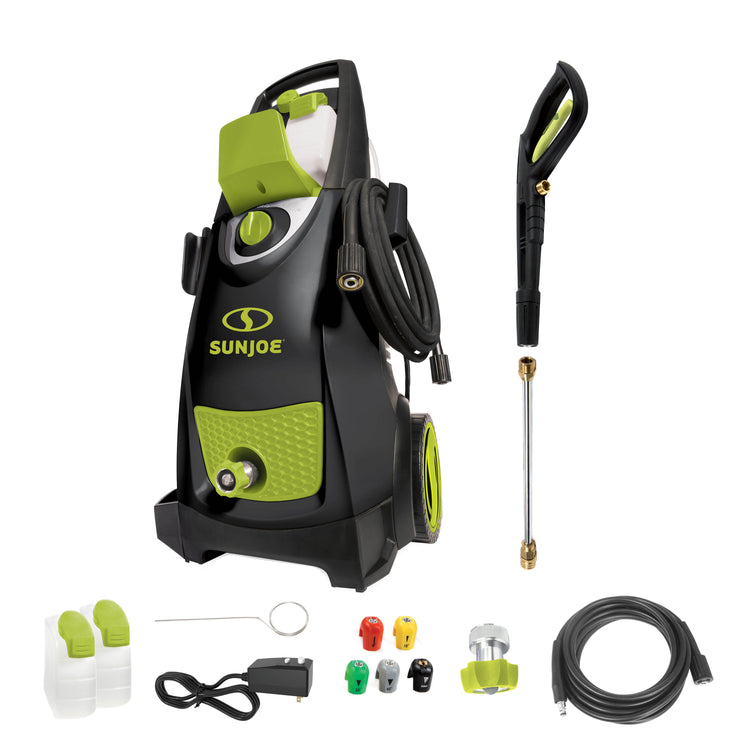 Sun Joe 14.5-amp 2800 PSI High-Performance Electric Pressure Washer with spray wand, hose, hose connecter, quick connect tips, two detergent tanks, and needle clean out tool.