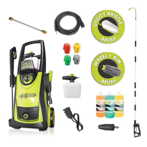 Sun Joe 13-amp 2200 PSI Extreme Clean Electric Pressure Washer with spray wand, hose, hose connecter, foam cannon, quick connect tips, turbo nozzle, detergents, utility brush, and rim brush.