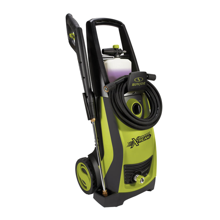 Angled view of the Sun Joe 13-amp 2200 PSI Extreme Clean Electric Pressure Washer with the hose hanging on the front.