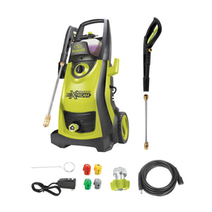 Sun Joe 13-amp 2200 PSI Extreme Clean Electric Pressure Washer with spray wand, high-pressure hose, garden hose connecter, quick connect tips, and needle clean out tool.