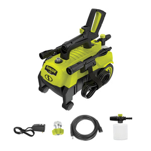 Sun Joe 11-amp 1600 PSI Electric Pressure Washer with foam cannon, high pressure hose, garden hose connector, and power cord.