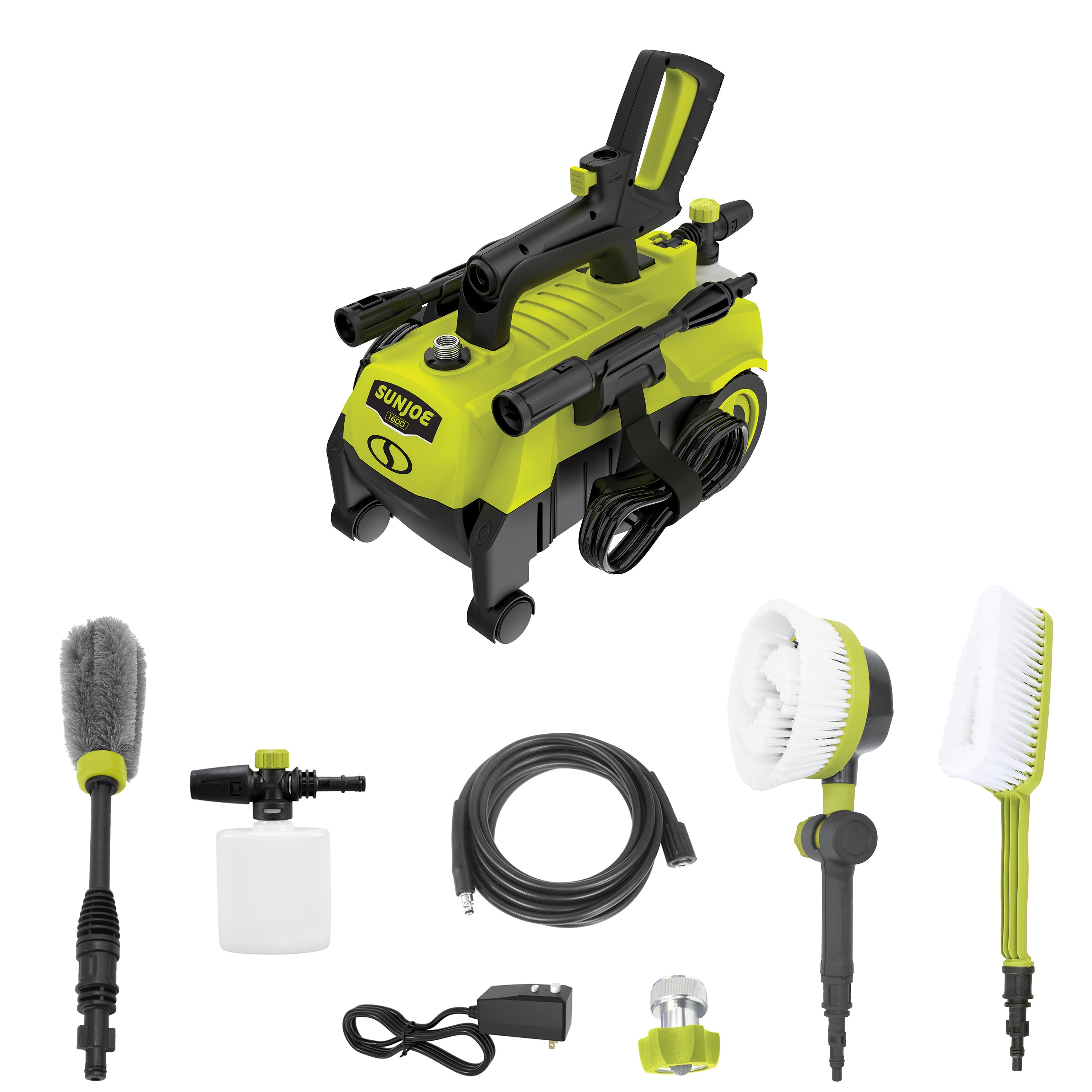 Sun Joe 11-amp 1600 PSI Electric Pressure Washer with foam cannon, hose, hose adapter, utility brush, rim brush, and rotary brush.