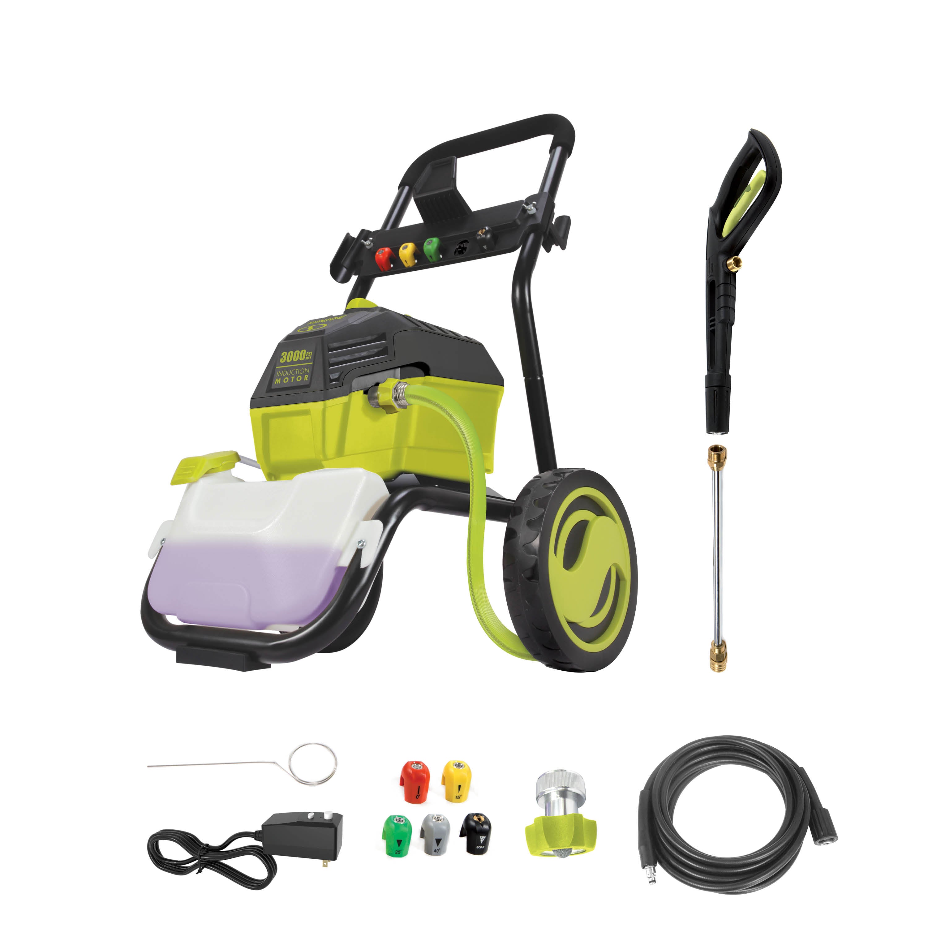 Sun Joe 14.5-amp 3000 PSI High Performance Brushless Induction Motor Electric Pressure Washer with spray wand, hose, hose adapter, quick connect tips, and needle clean out tool.