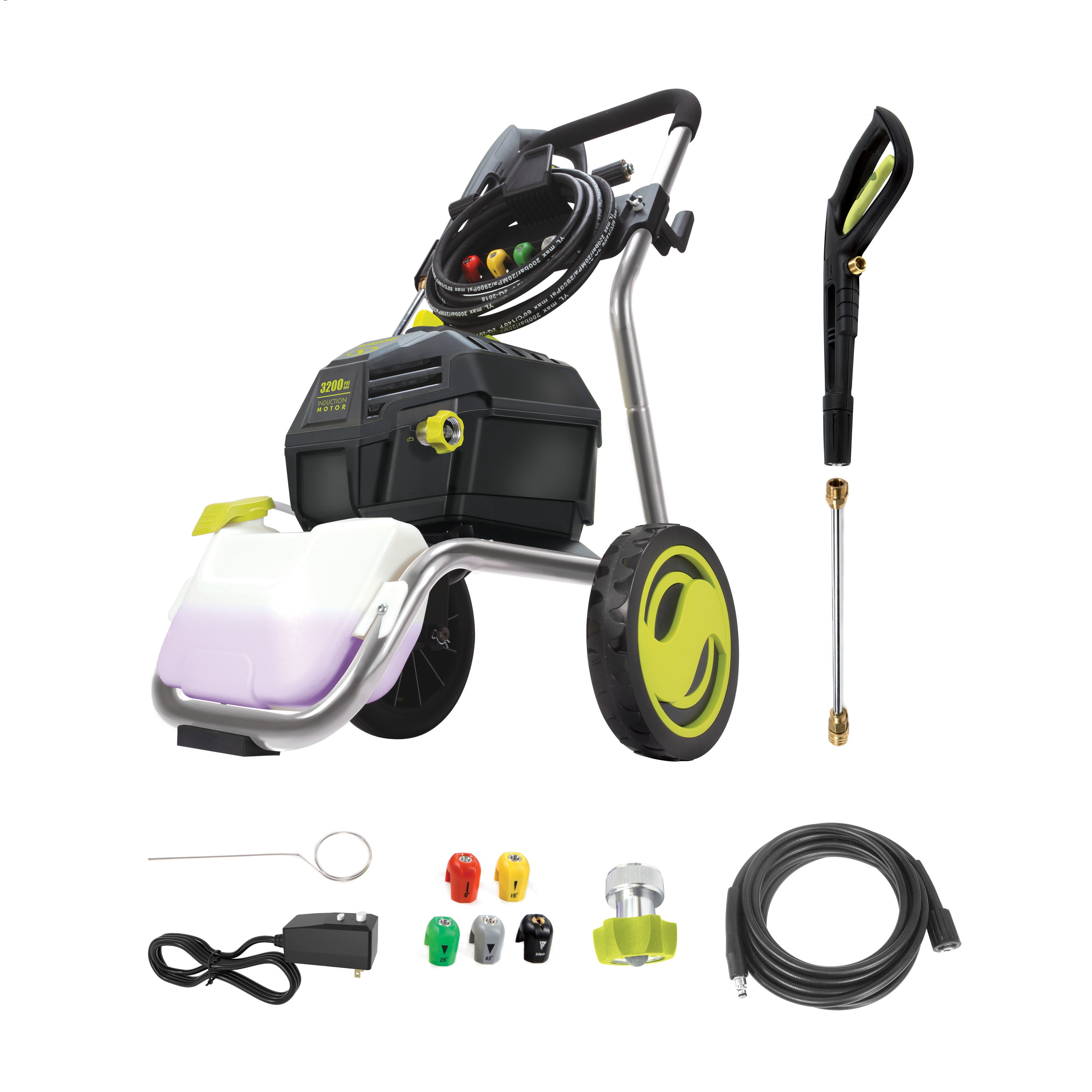 Sun Joe 14.9-amp 3200 PSI Electric Pressure Washer with spray wand, hose, hose adapter, quick connect tips, and needle clean out tool.