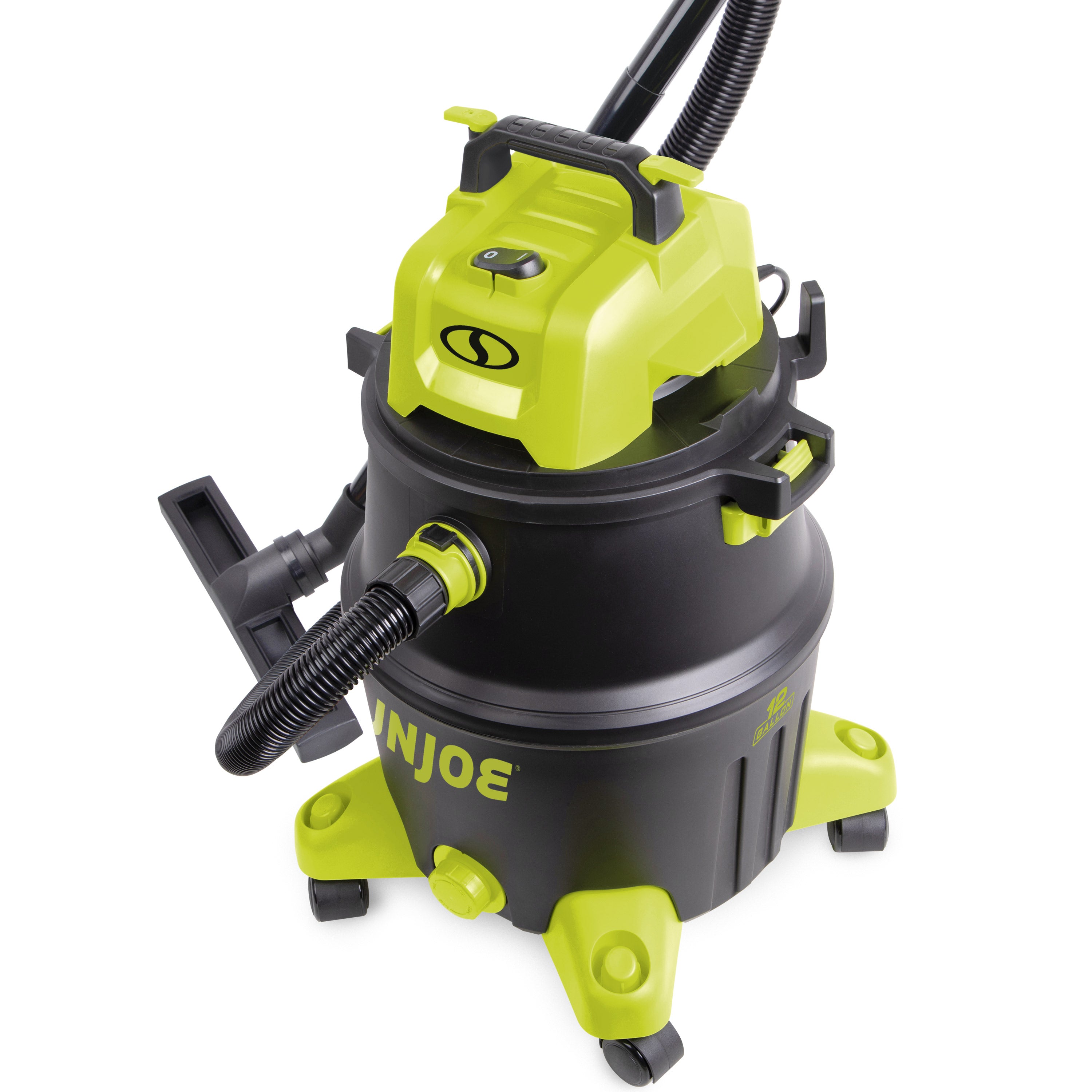 Sun Joe 1200-watt 12-gallon HEPA Filtration Wet/Dry Shop Vacuum with an extension tube and floor brush attachment.