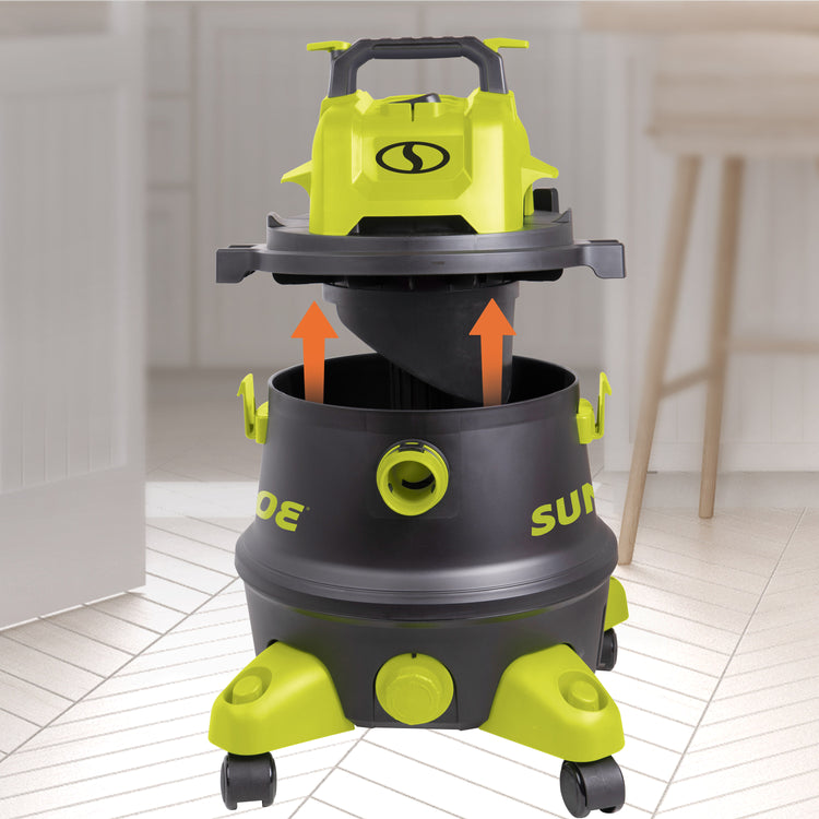 Sun Joe 1200-watt 8-gallon HEPA Filtration Wet/Dry Shop Vacuum with up arrows showing the top come off.