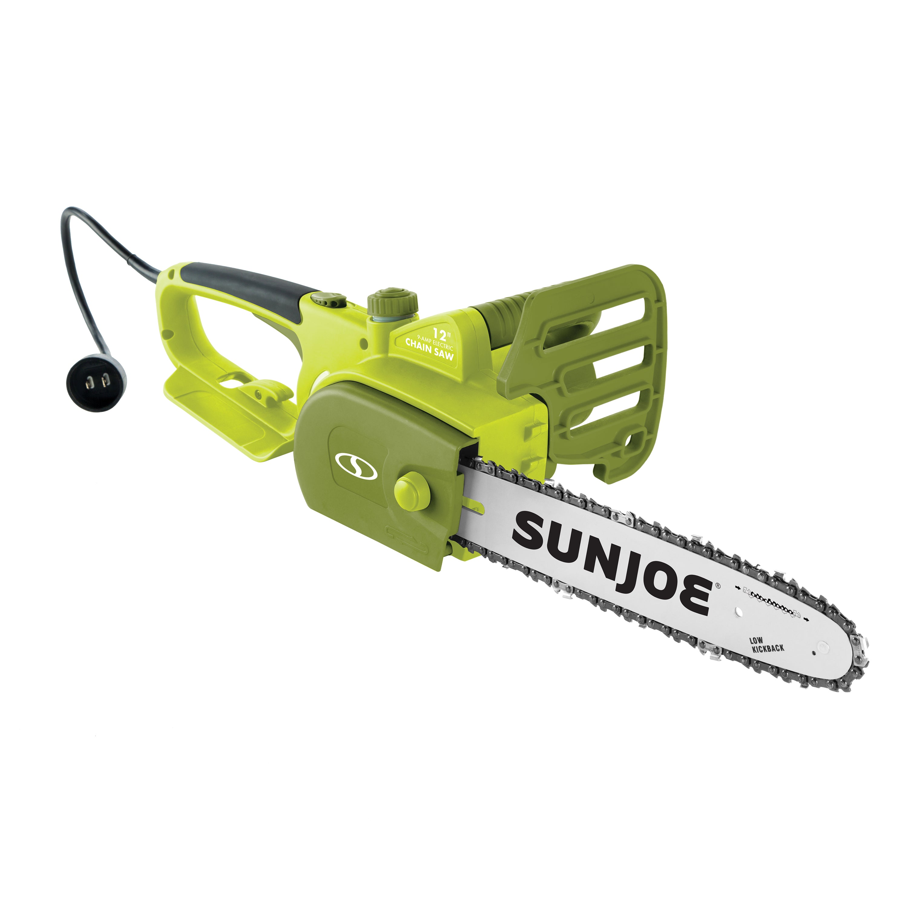 Left-angled view of the Sun Joe 9-amp 12-inch Electric Chain Saw.