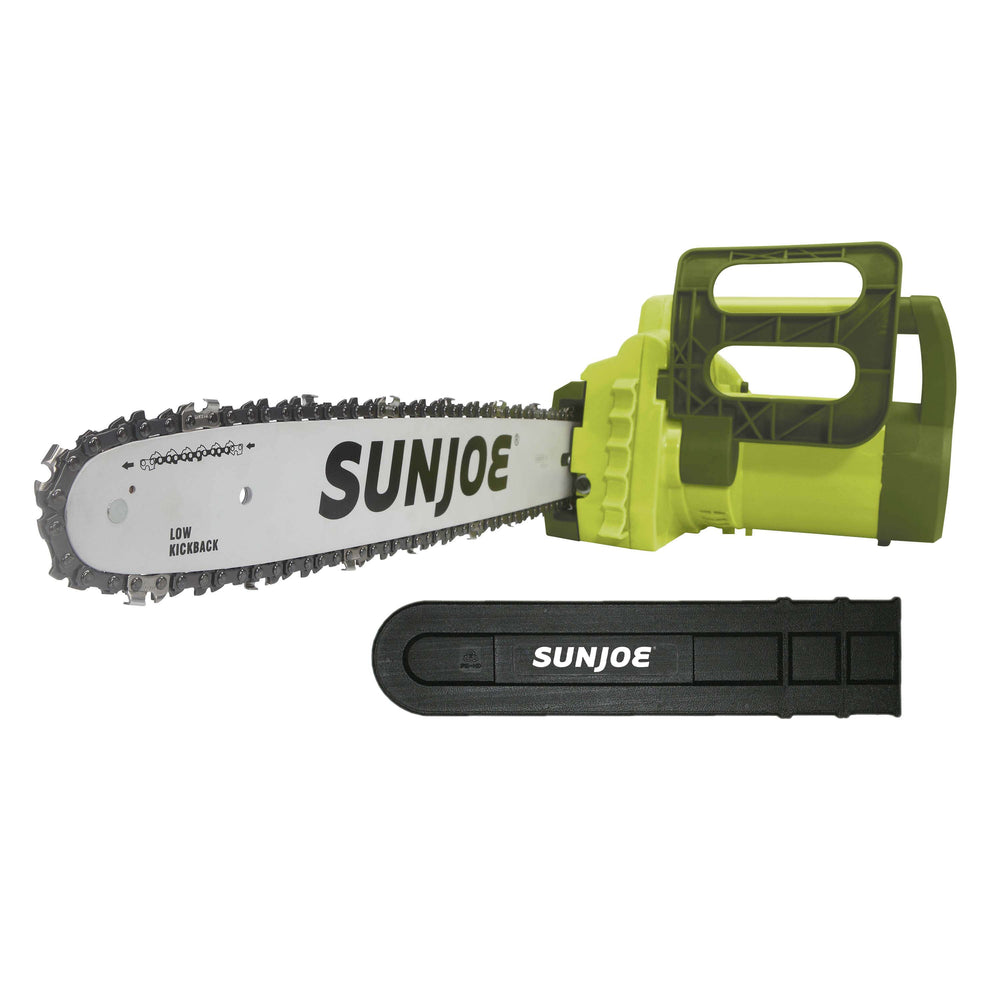 Sun Joe 14-amp 16-inch Electric Chain Saw with blade cover.