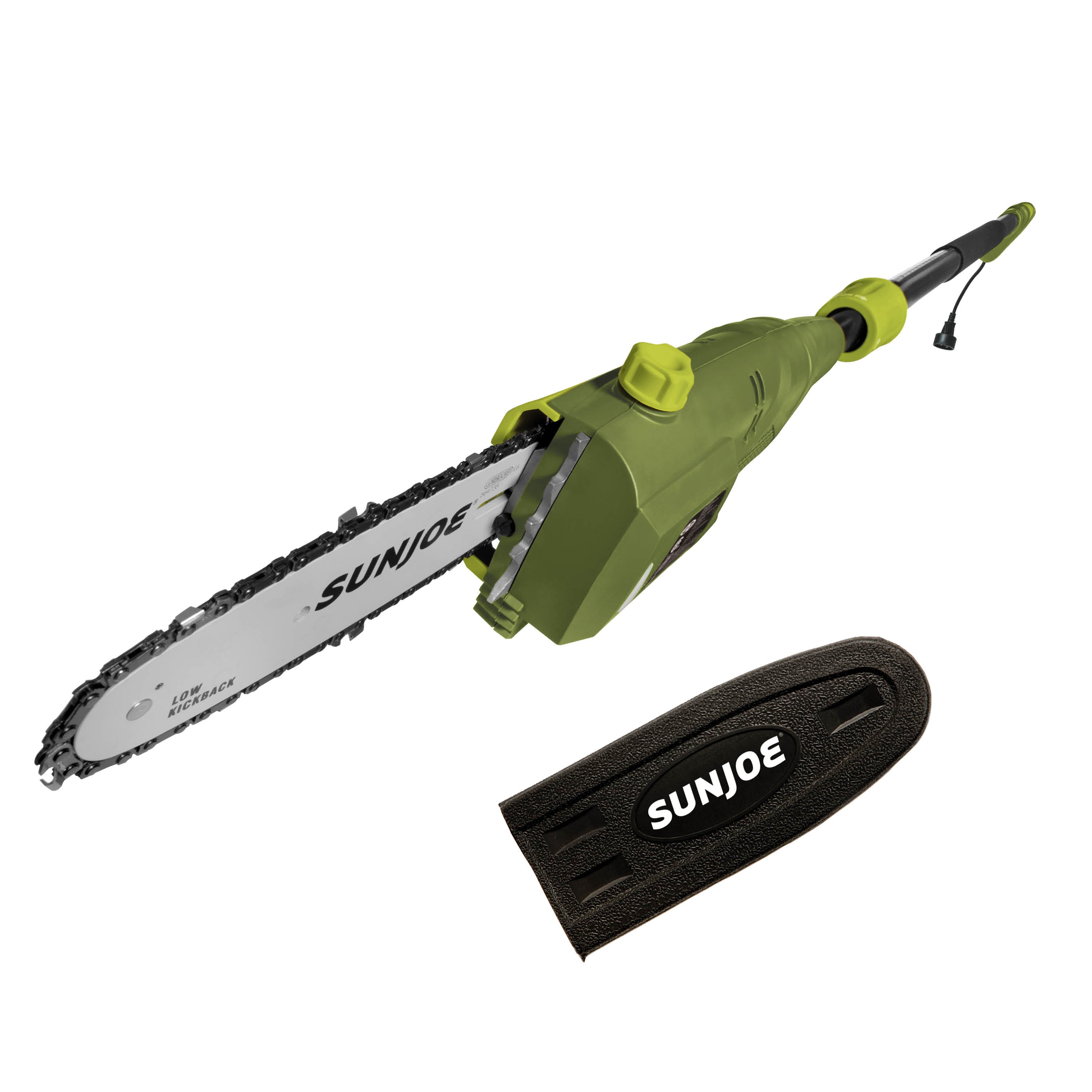 Sun Joe 6.5-amp 8-inch Electric Pole Chain Saw with blade cover.