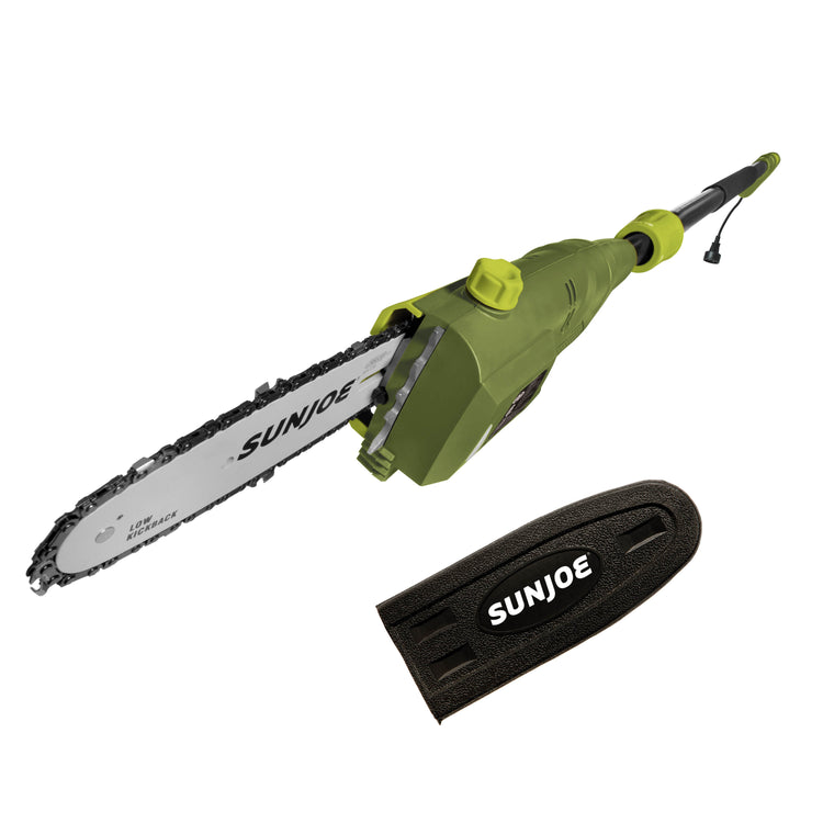 Sun Joe 6.5-amp 8-inch Electric Pole Chain Saw with blade cover.