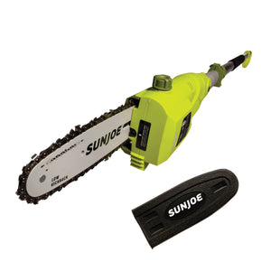 Sun Joe 6.5-amp 8-inch Electric Multi-Angle Pole Chain Saw with blade cover.