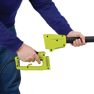 Person attaching the handle to the pole of the Sun Joe 6-amp 8-inch Electric Convertible Pole Chain Saw.