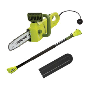 Sun Joe 8-amp 10-inch Electric Convertible Pole Chain Saw with pole and blade cover.