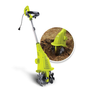 Sun Joe electric tiller and cultivator with inset image of product in use