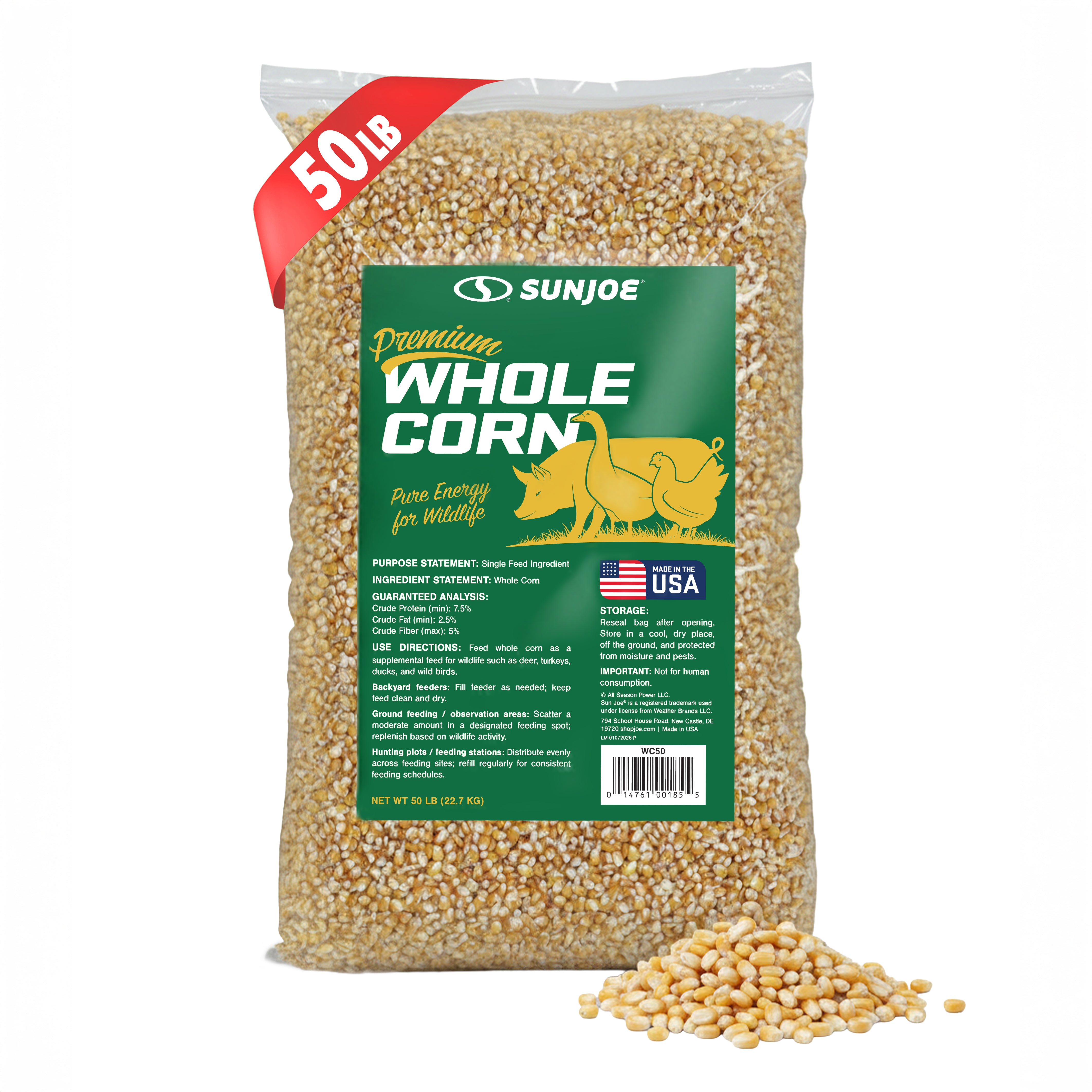 Sun Joe Premium Whole Corn | All Season Feed for Wildlife | Hand-harvested by U.S. Farms. | 50-Lb. Bag
