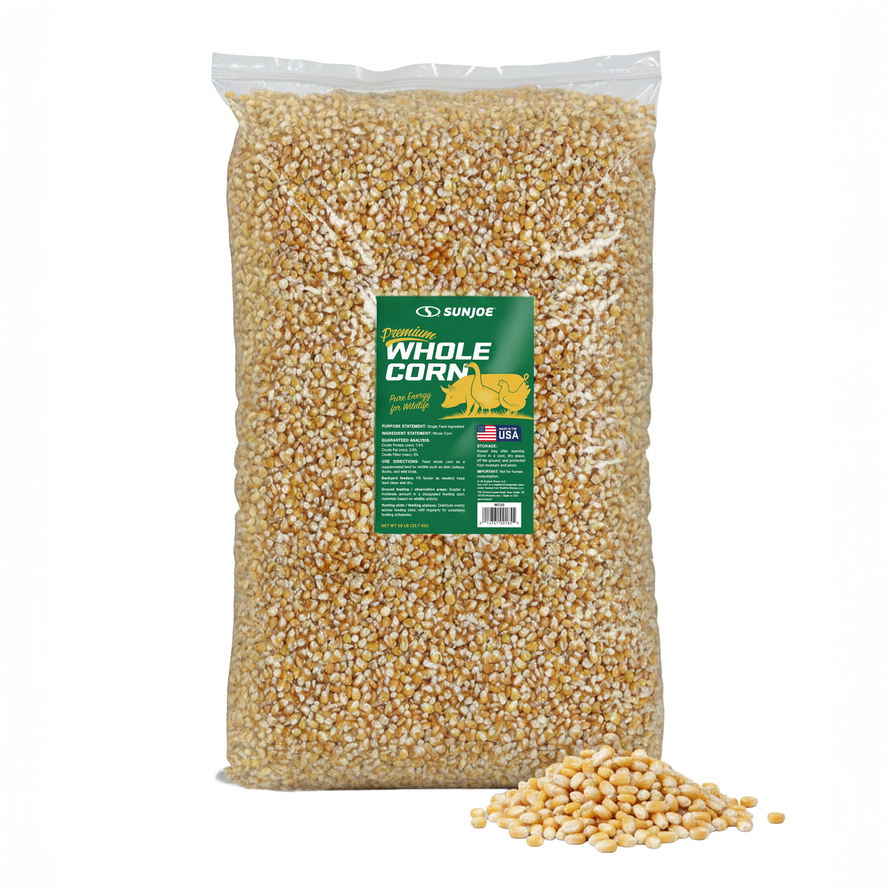 Sun Joe Premium Whole Corn | All Season Feed for Wildlife | 50 Lb. Bag