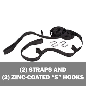 2 straps and 2 zinc-coated S-hooks.