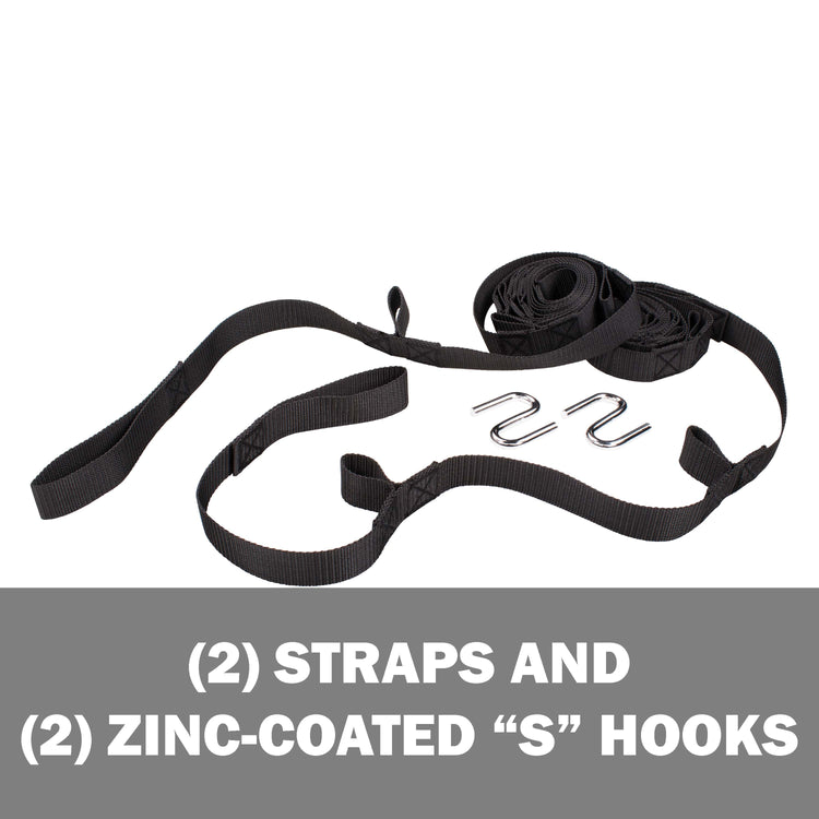 2 straps and 2 zinc-coated S-hooks.