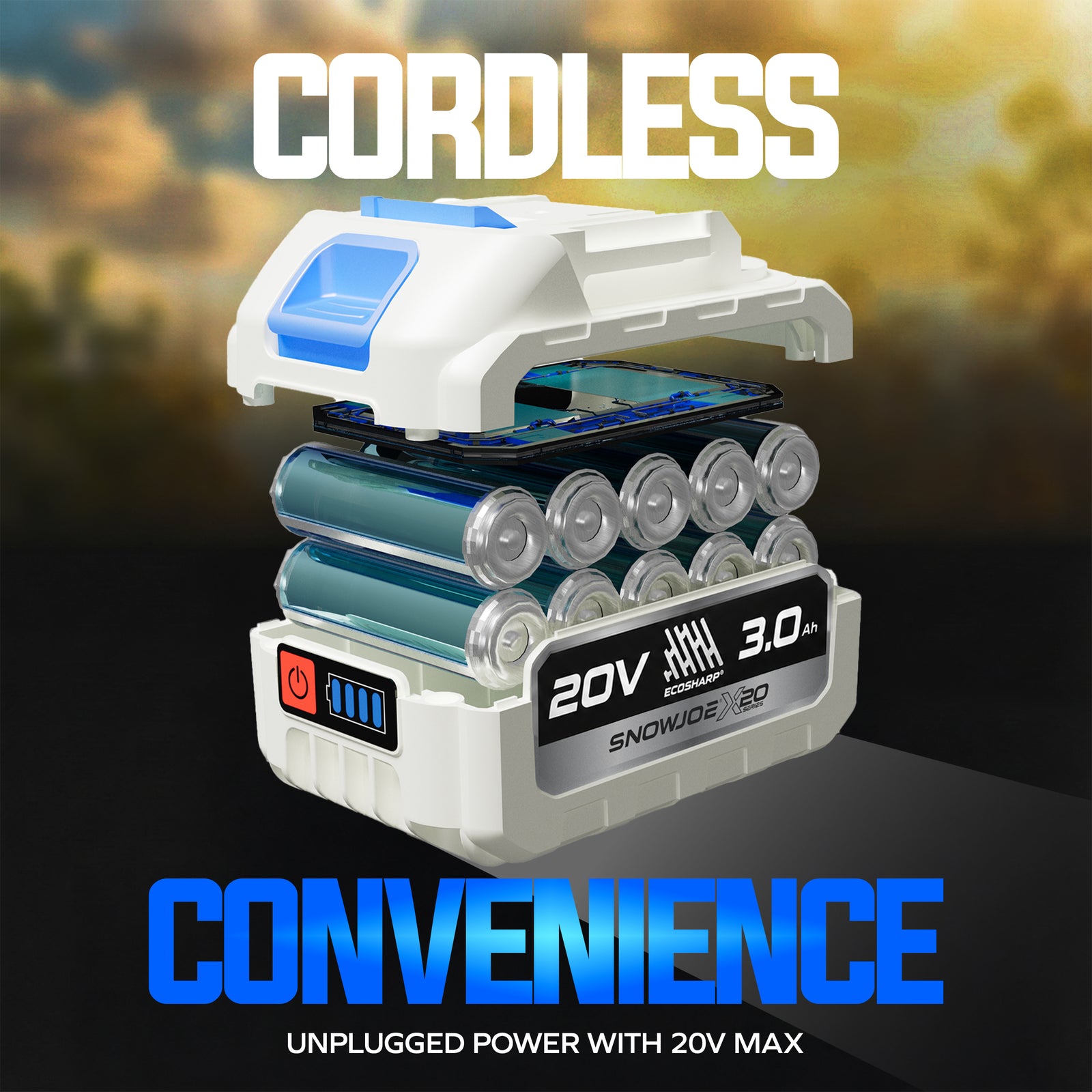 Auto Joe X20-AIR cordless 3.0 Ah battery feature