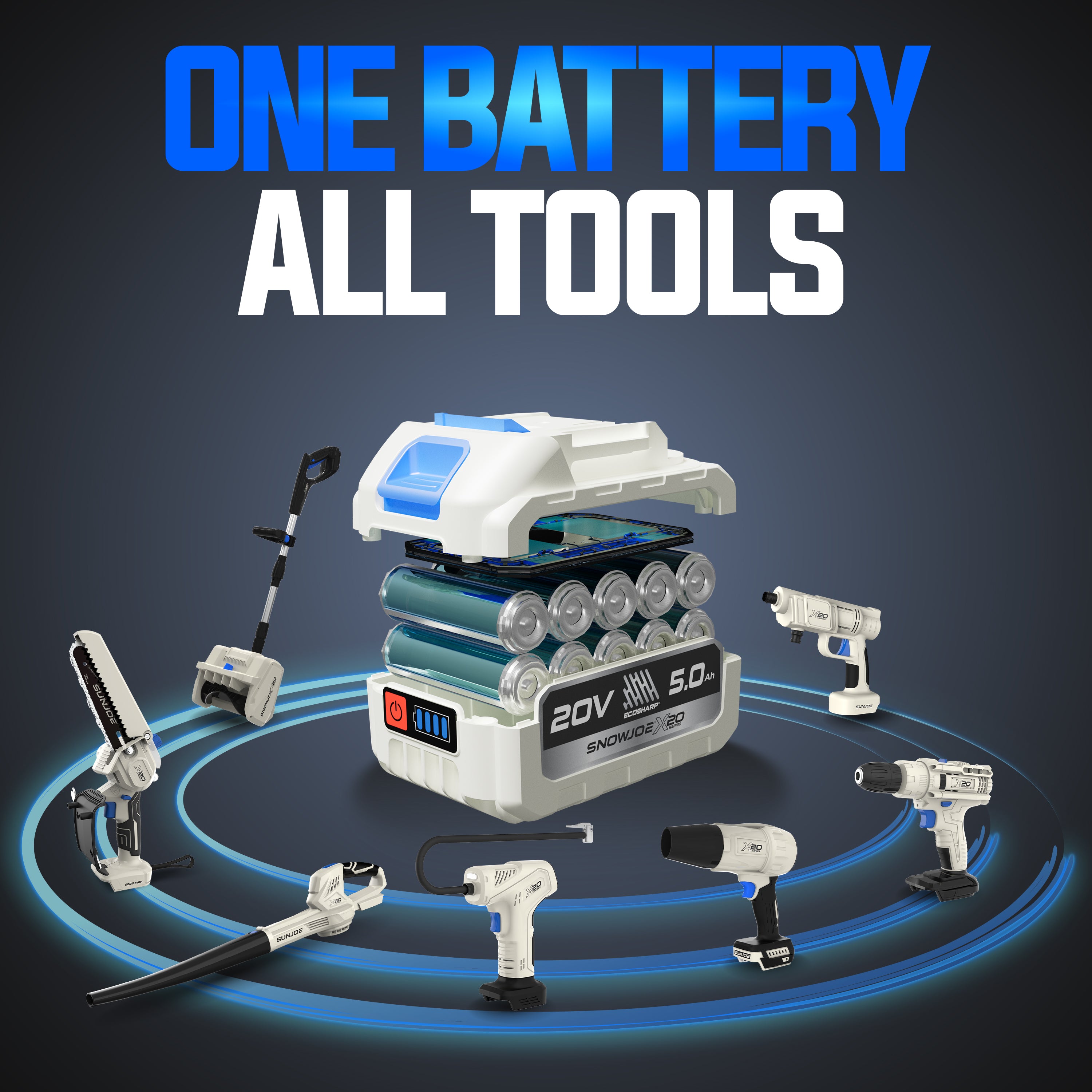 Sun Joe X20-Series 20-Volt* 5000-mAh (5-Amp hour) Lithium-ION Battery | For Use with Universal ECOSHARP® Devices | w/LED Indicator