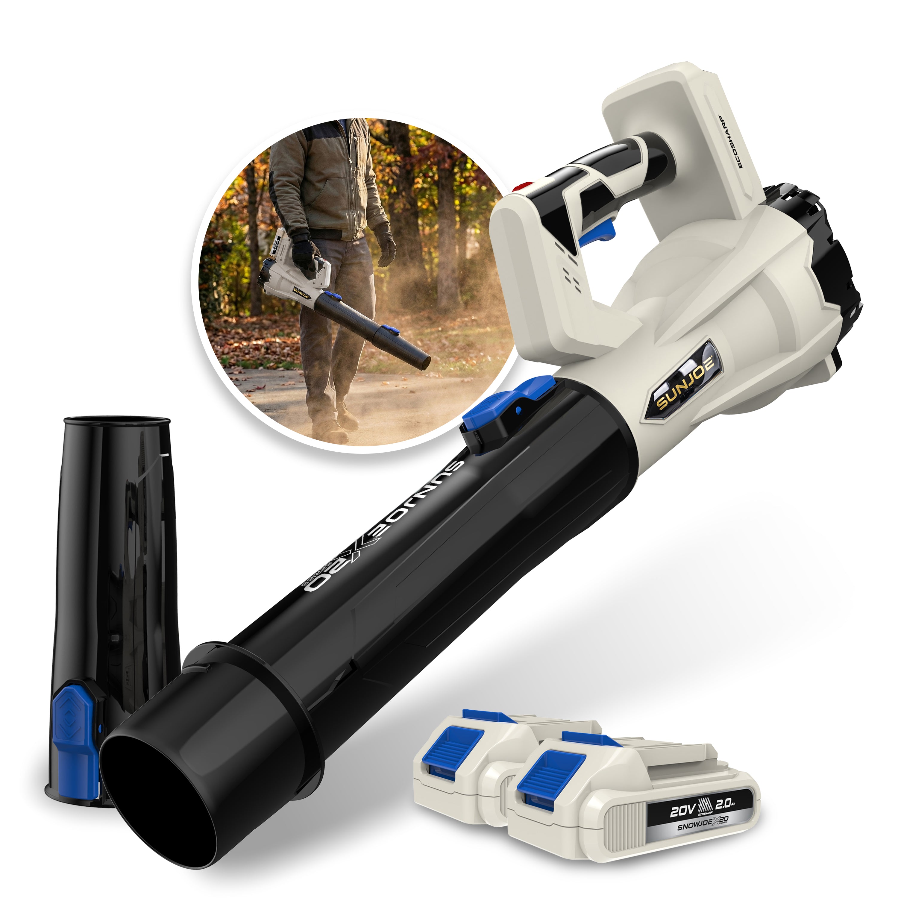 Sun Joe 20-Volt ECOSHARP Cordless X20 Compact Leaf Blower | 400 CFM | W/ 2 x 2000 mAh Batteries (2.0-Amp) + Charger