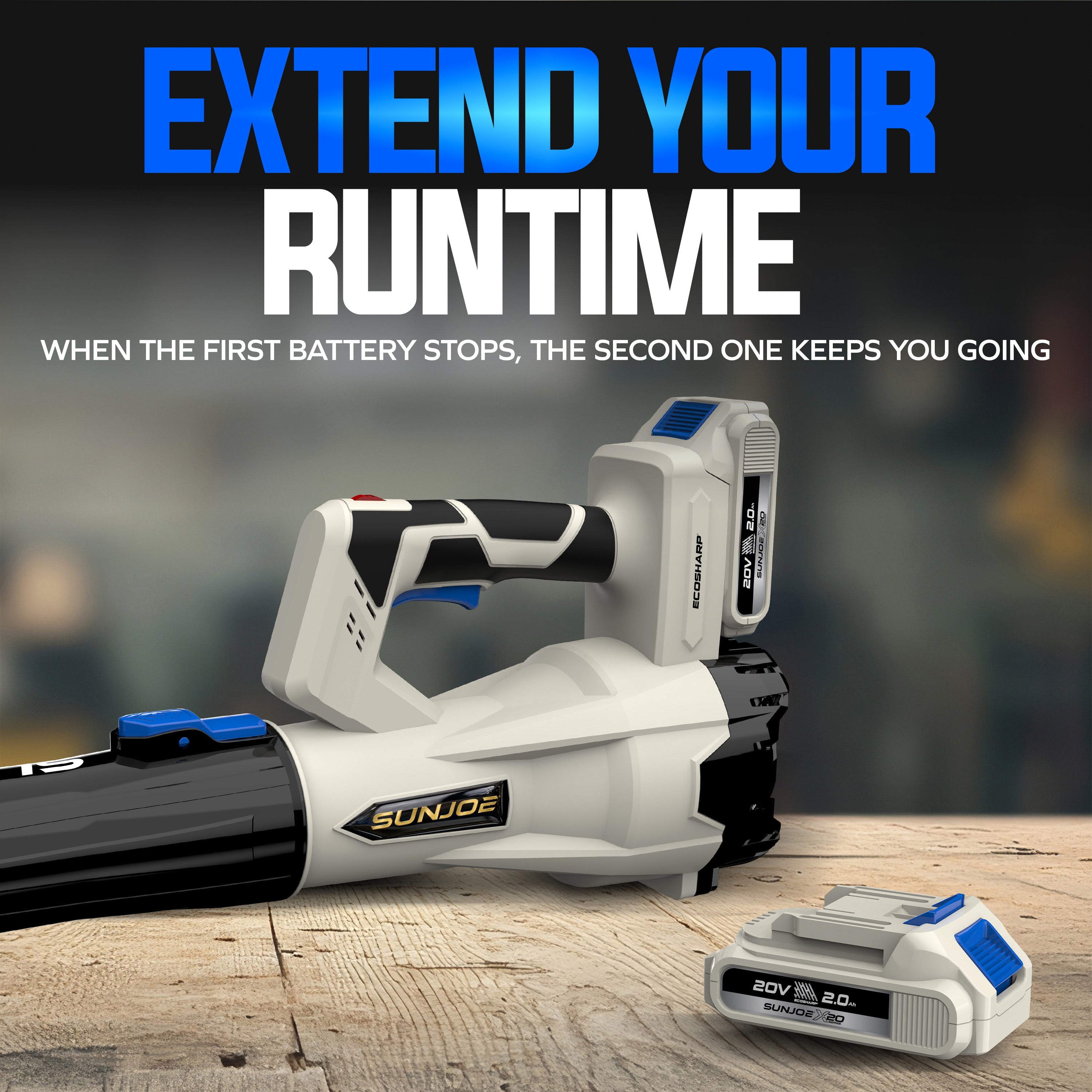 Sun Joe 20-Volt ECOSHARP Cordless X20 Compact Multi-Purpose Blower | 400 CFM | W/ 2 x 2000 mAh Batteries (2.0-Amp) + Charger