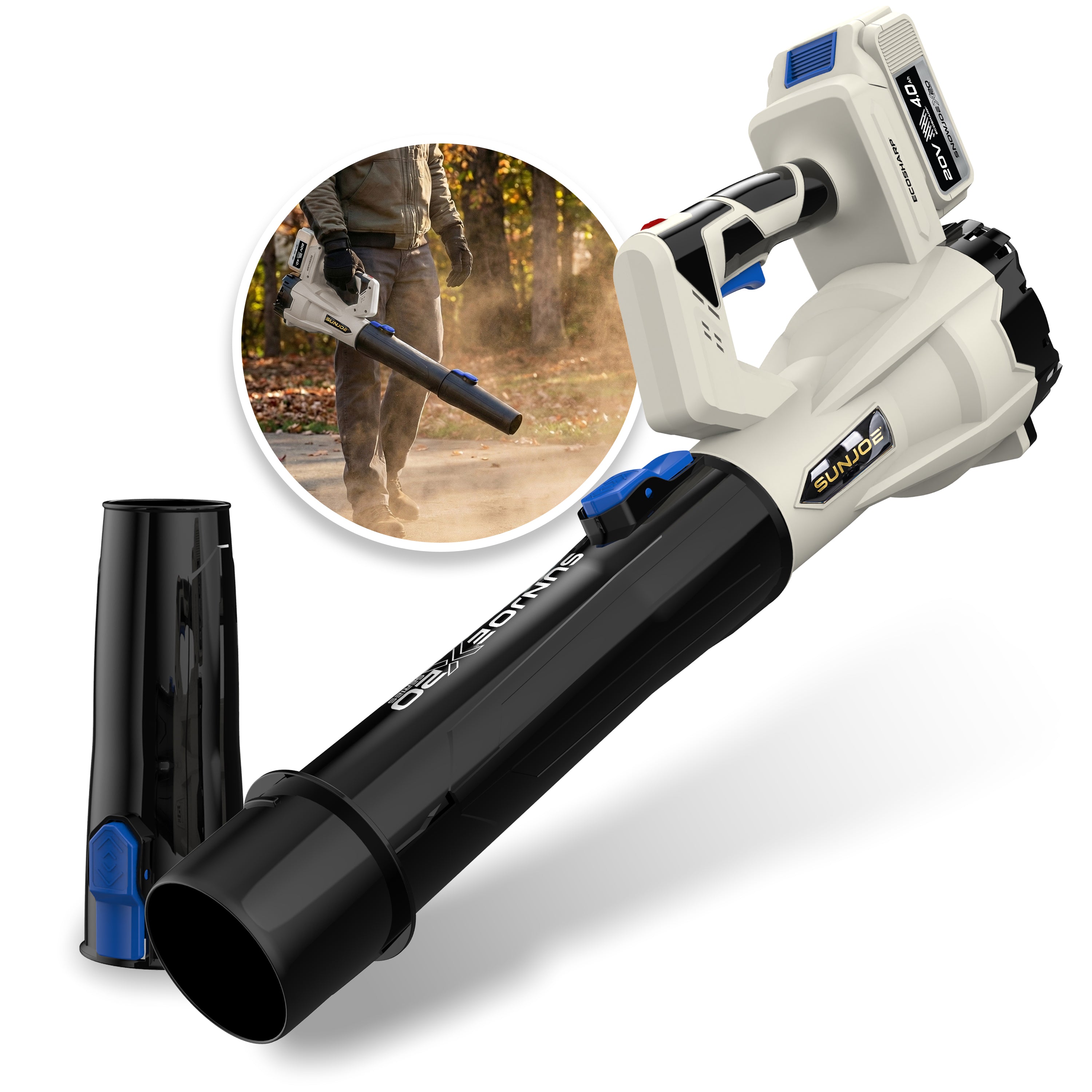 Sun Joe 20-Volt ECOSHARP Cordless X20 Compact Multi-Purpose Blower | 400 CFM | W/ 4000 mAh Battery (4.0-Amp) + Charger