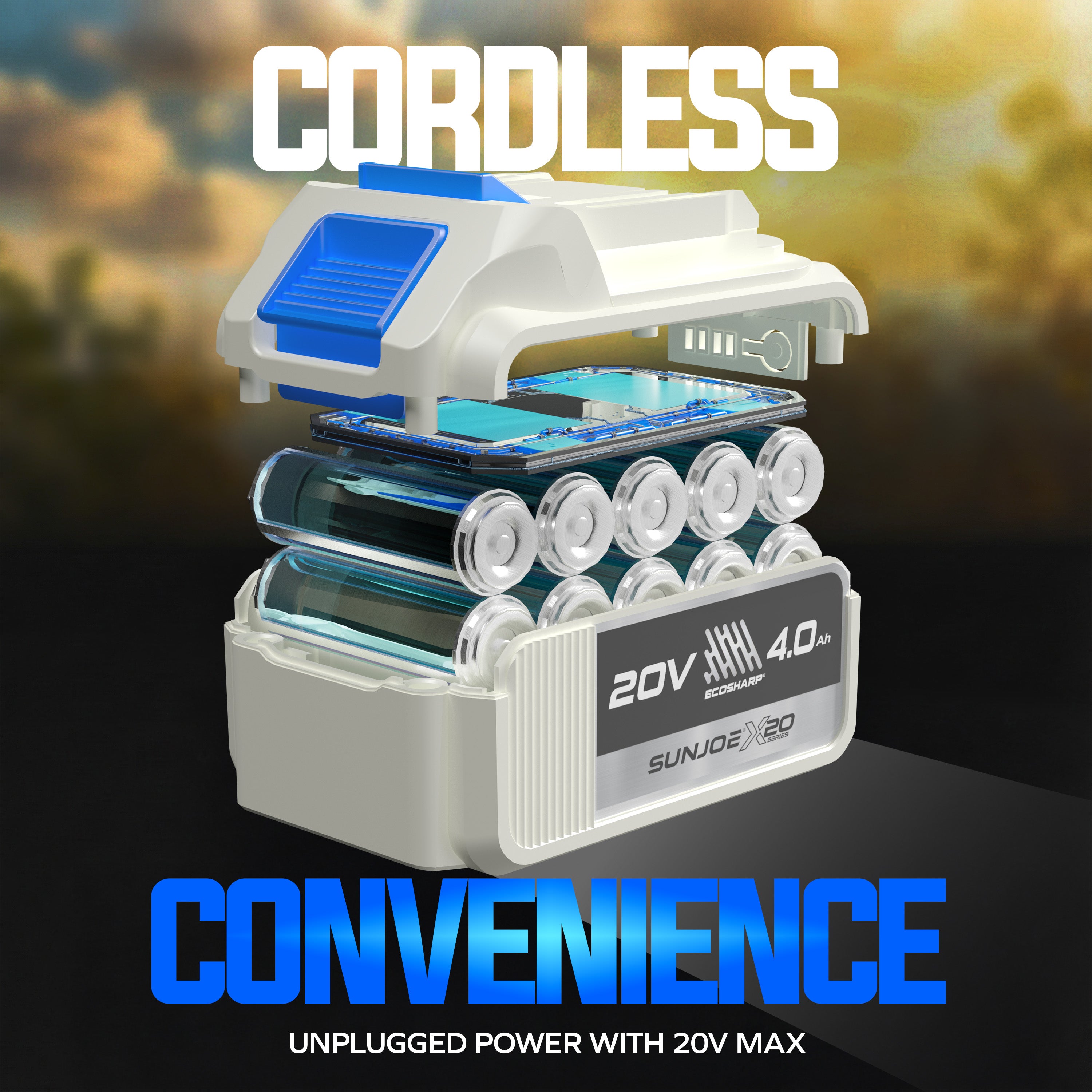 Sun Joe 20-Volt ECOSHARP Cordless X20 Compact Multi-Purpose Blower | 400 CFM | W/ 4000 mAh Battery (4.0-Amp) + Charger
