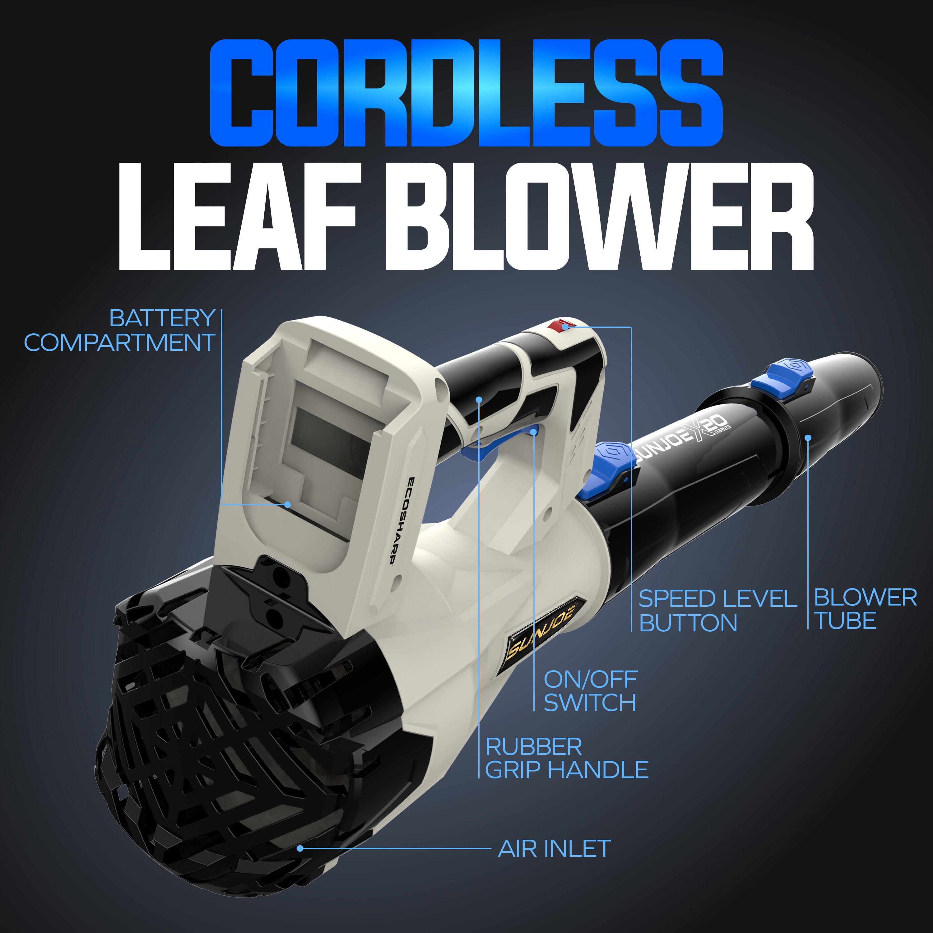 Sun Joe 20-Volt ECOSHARP Cordless X20 Compact Multi-Purpose Blower | 400 CFM | W/ 4000 mAh Battery (4.0-Amp) + Charger