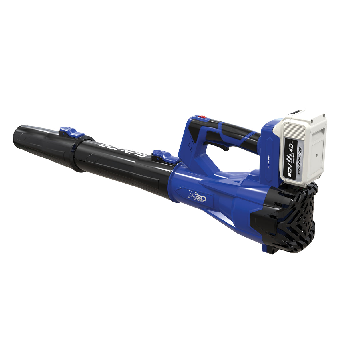 Rear three-quarter view of the blue Sun Joe X20-CBLW-4A compact cordless leaf blower