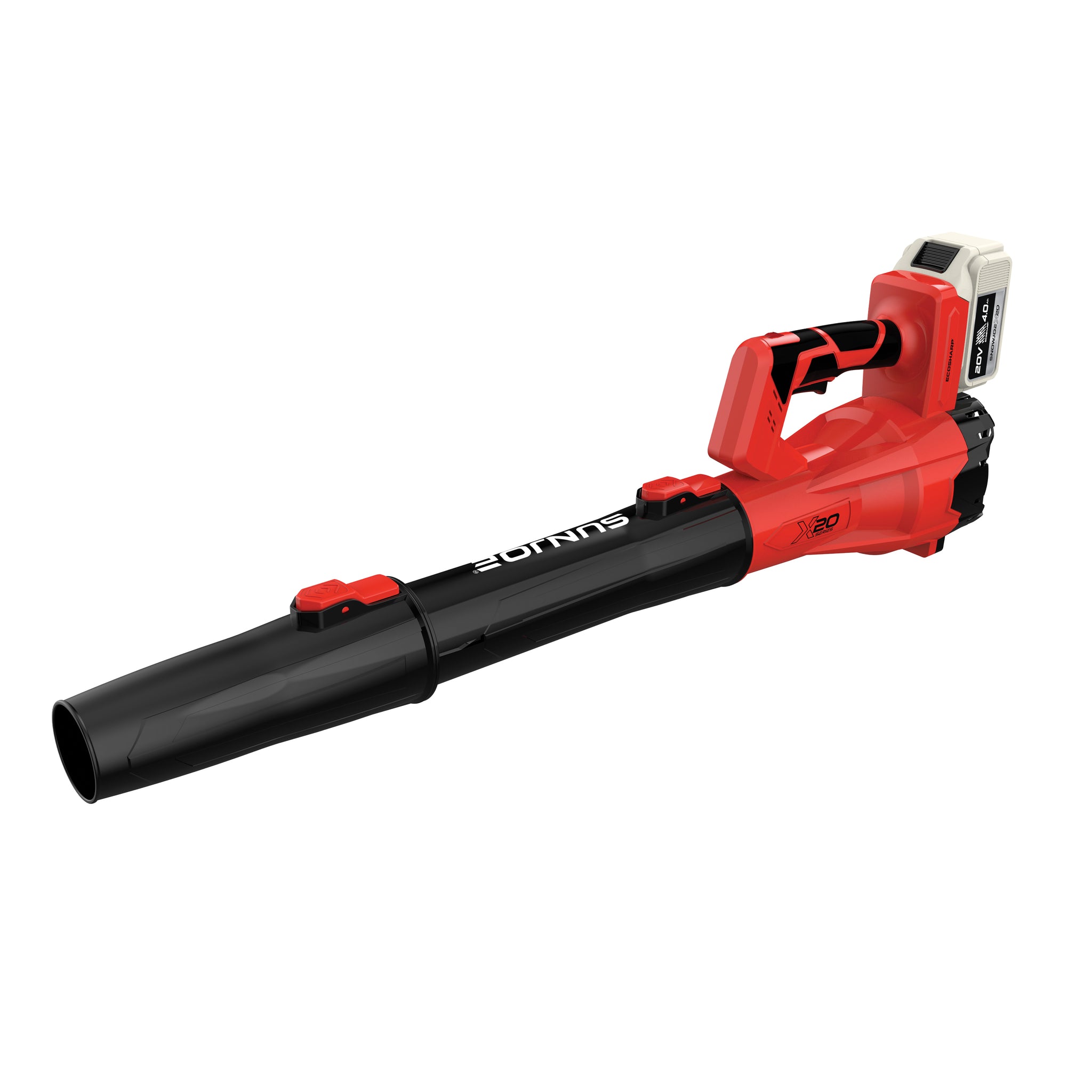 Red Sun Joe X20-CBLW-4A compact cordless leaf blower with battery installed