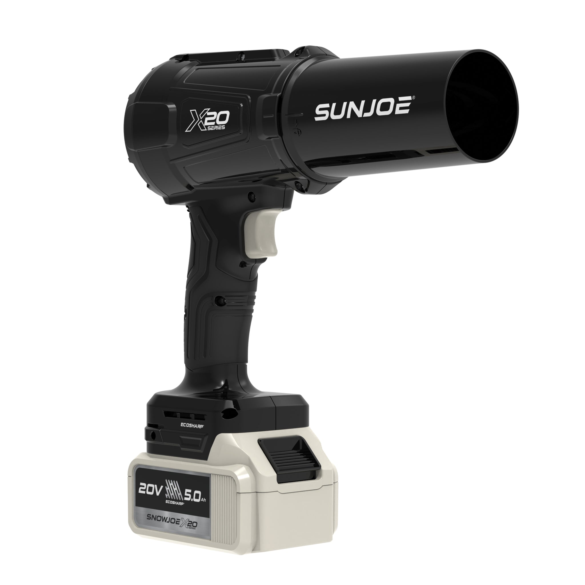 Black Sun Joe X20-HHB-5A cordless handheld turbo blower with round nozzle and battery installed