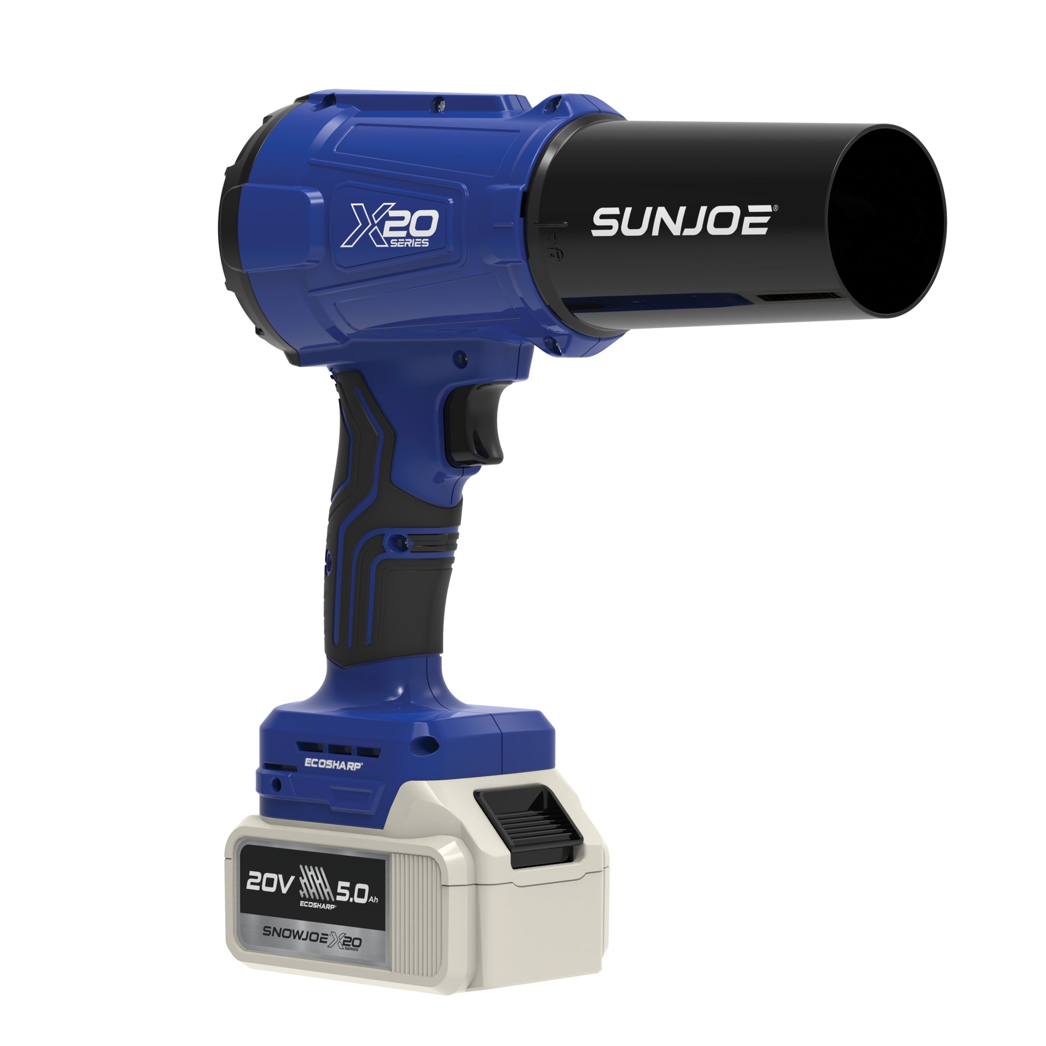 Blue Sun Joe X20-HHB-5A cordless handheld turbo blower with round nozzle and battery installed