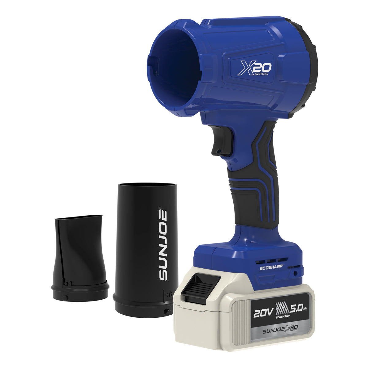 Rear view of the blue Sun Joe X20-HHB-5A handheld turbo blower with round and flat nozzles