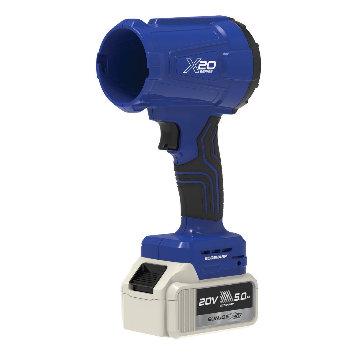 Rear three-quarter view of the blue Sun Joe X20-HHB-5A handheld turbo blower