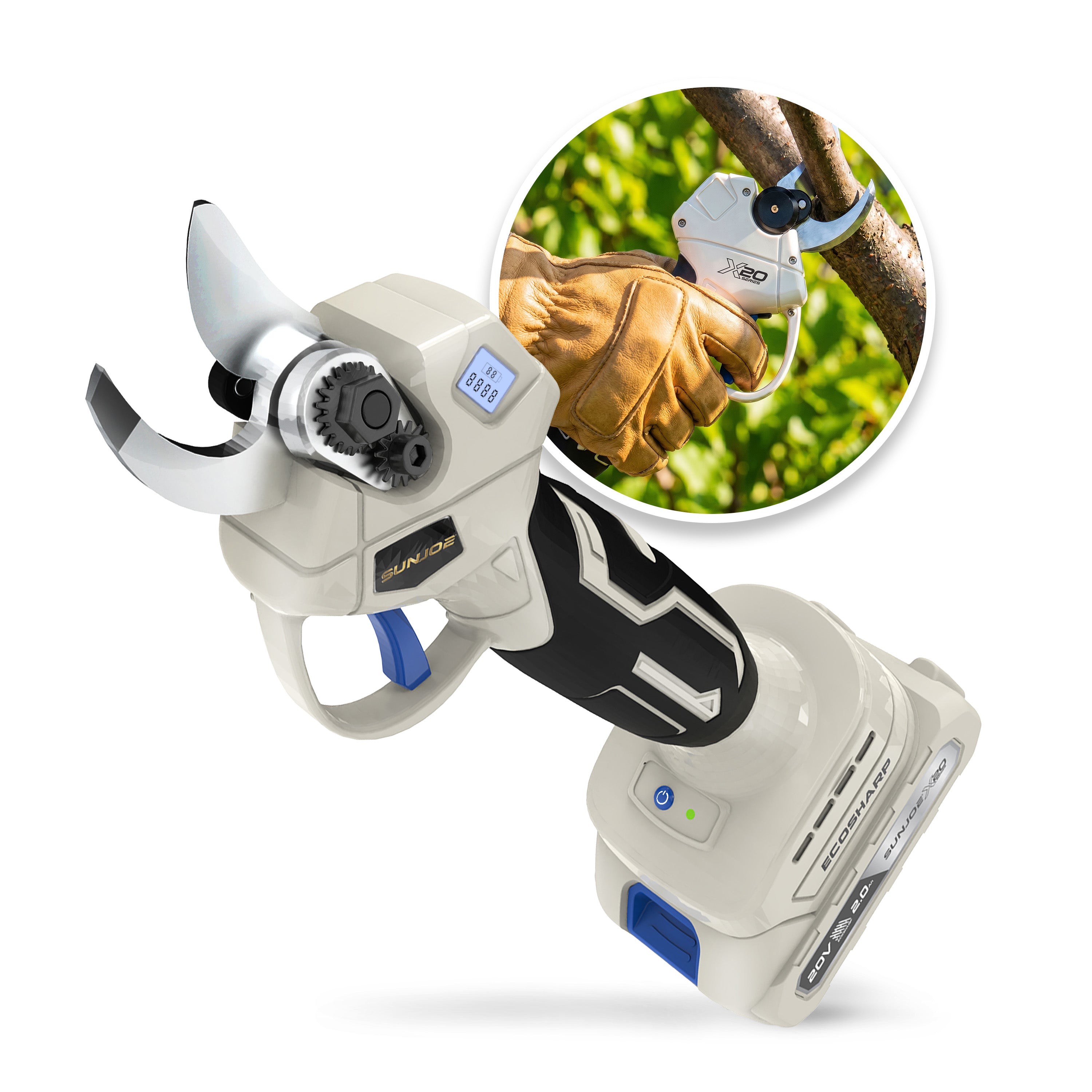 Sun Joe 20-Volt ECOSHARP Cordless X20 Pruner | Max 1.1-inch Cutting Capacity | W/ 2000 mAh Battery (2.0-Amp) + Charger