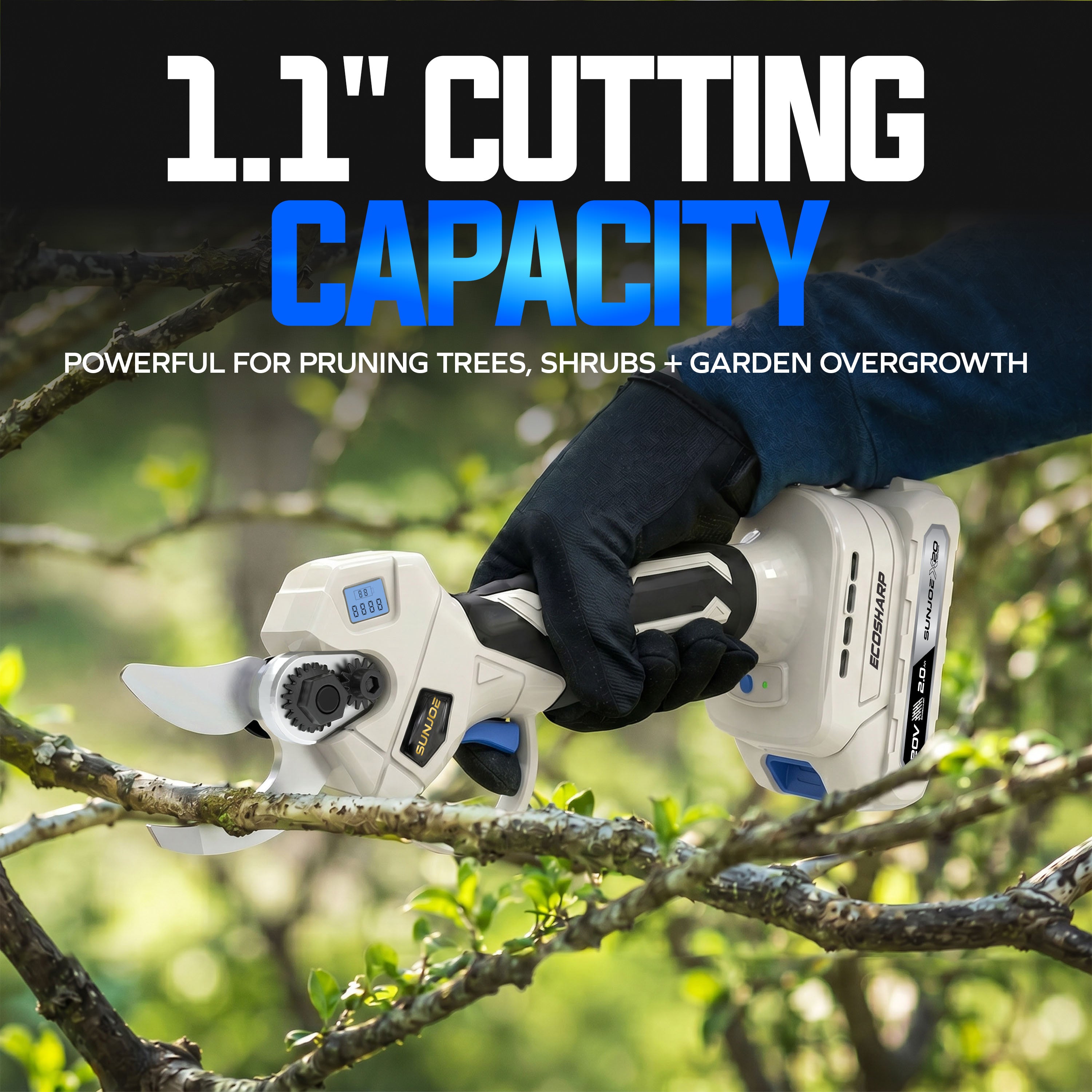 Sun Joe 20-Volt ECOSHARP Cordless X20 Pruner | Max 1.1-inch Cutting Capacity | W/ 2000 mAh Battery (2.0-Amp) + Charger