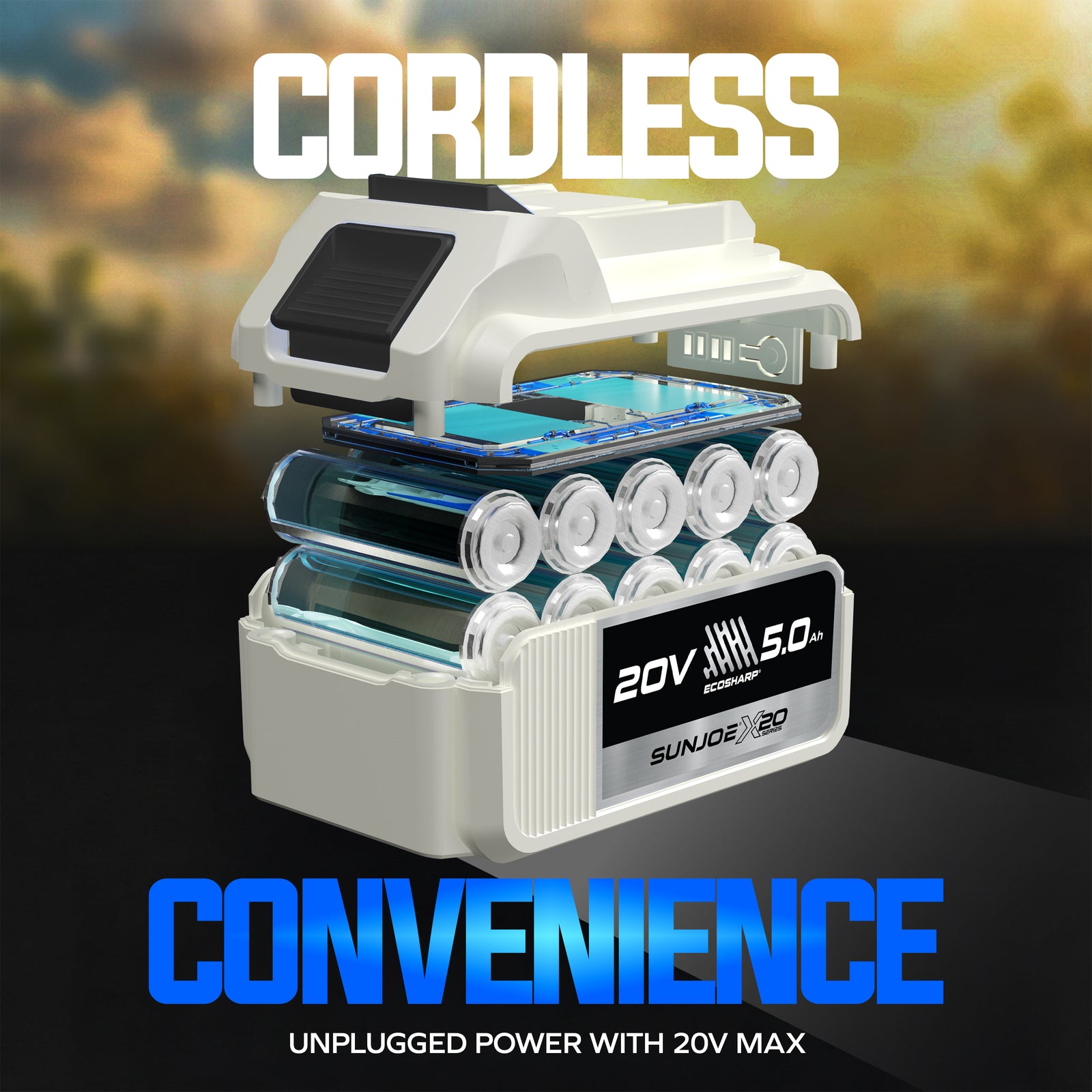 Sun Joe X20 ECOSHARP 5.0 Ah battery feature