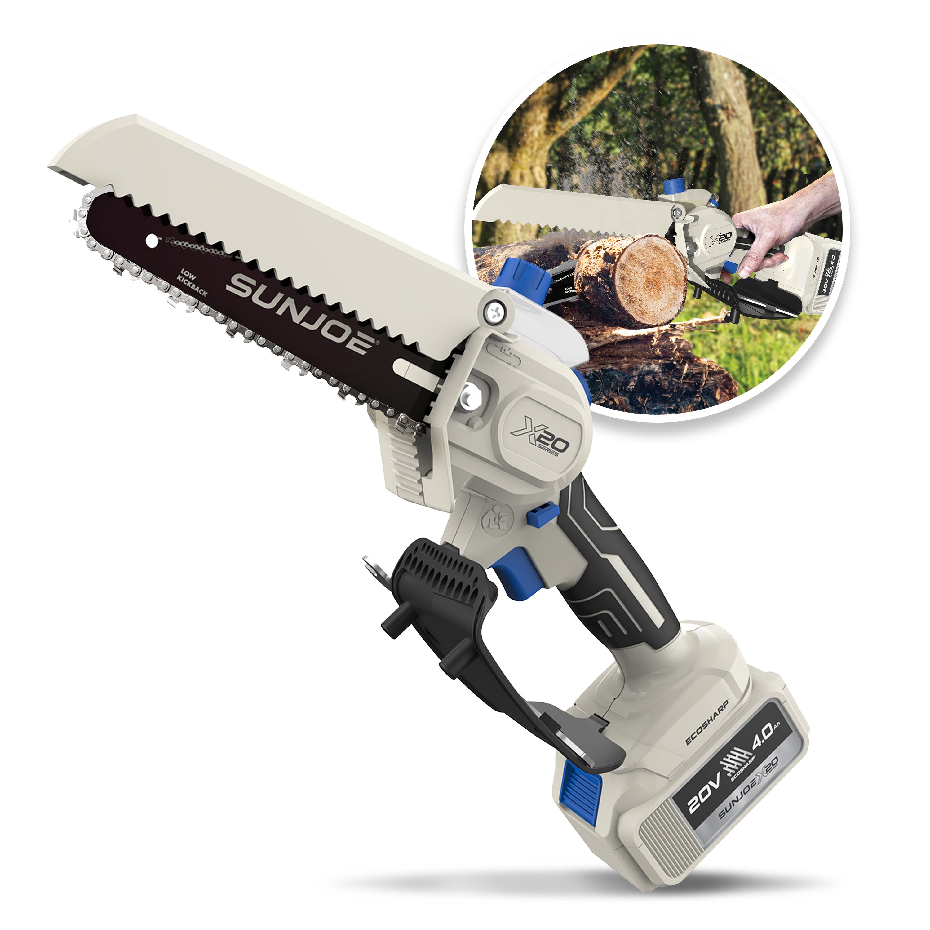 Sun Joe 20-Volt ECOSHARP Cordless X20 Handheld Pruning Saw | 6-inch | W/ 4000 mAh Battery (4.0-Amp) + Charger+ Charger (Black)