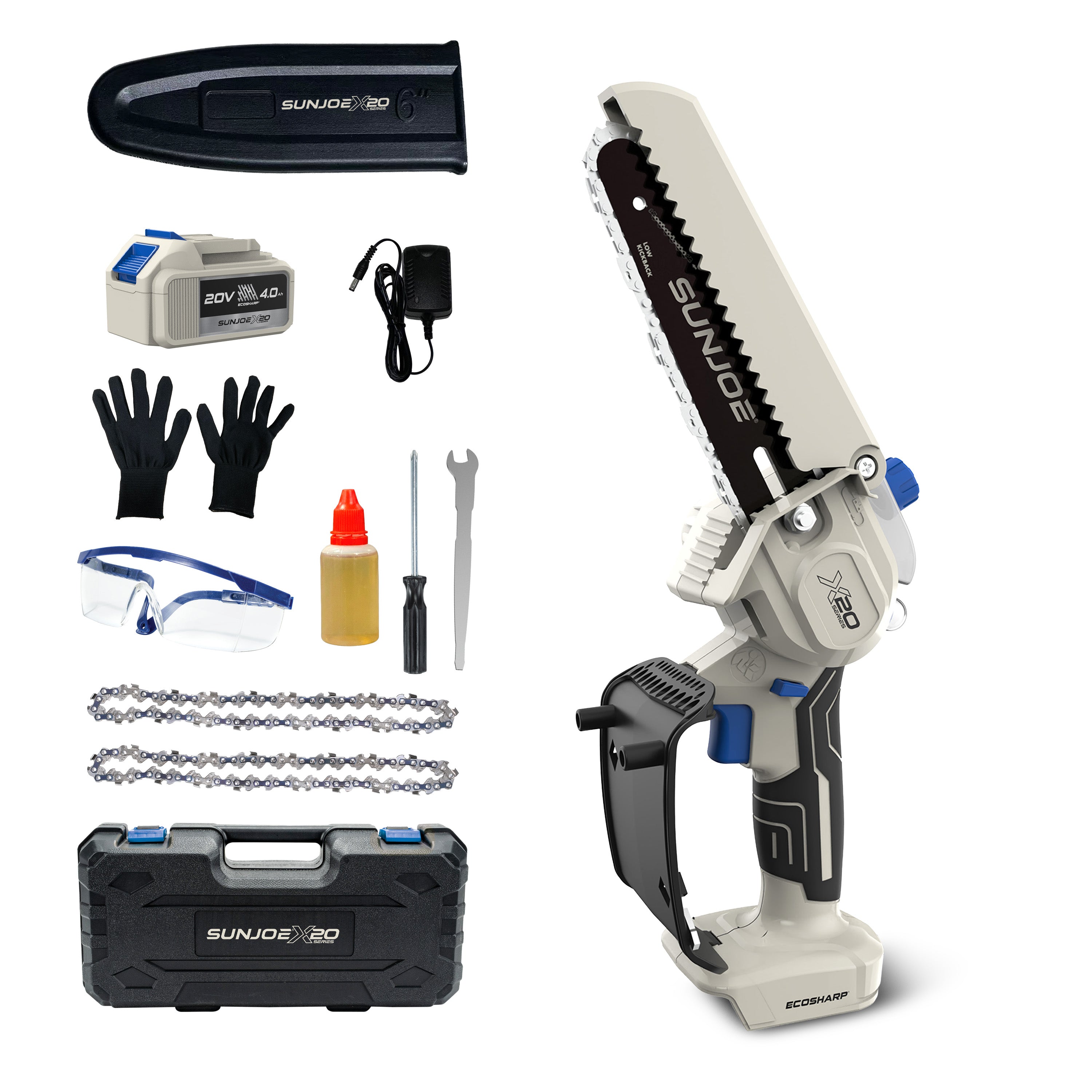 Sun Joe 20-Volt ECOSHARP Cordless X20 Handheld Pruning Saw | 6-inch | W/ 4.0-Ah Battery + Charger (Blue)