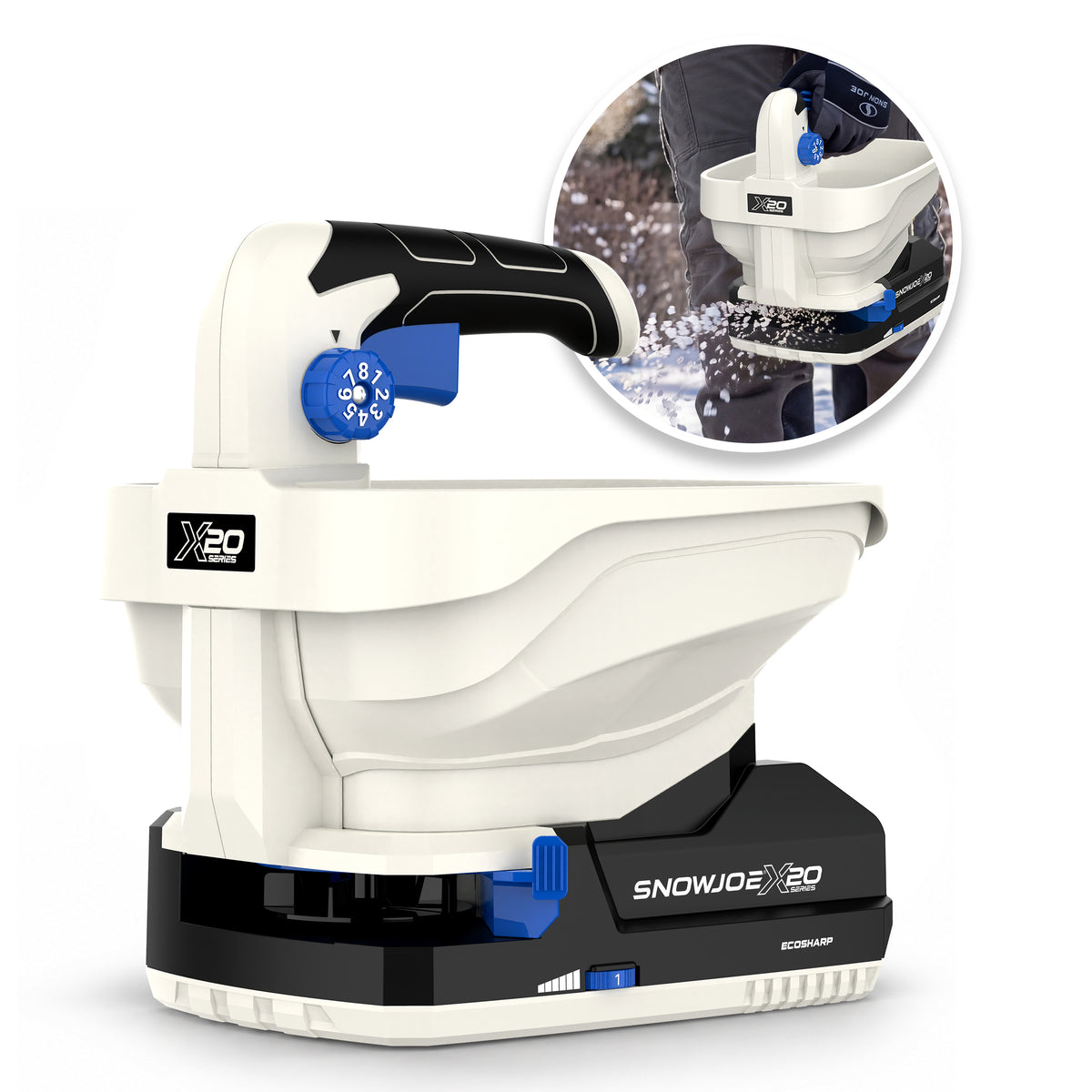 Snow Joe X20-SPRD-2A cordless handheld spreader hero image