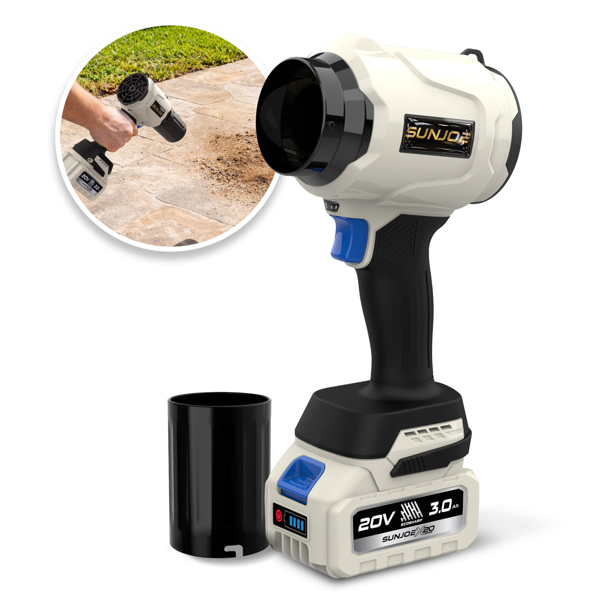 Sun Joe 20-Volt ECOSHARP Cordless X20 StormJet Handheld Turbo Blower | 300 CFM | 3.0-Ah Battery + Charger