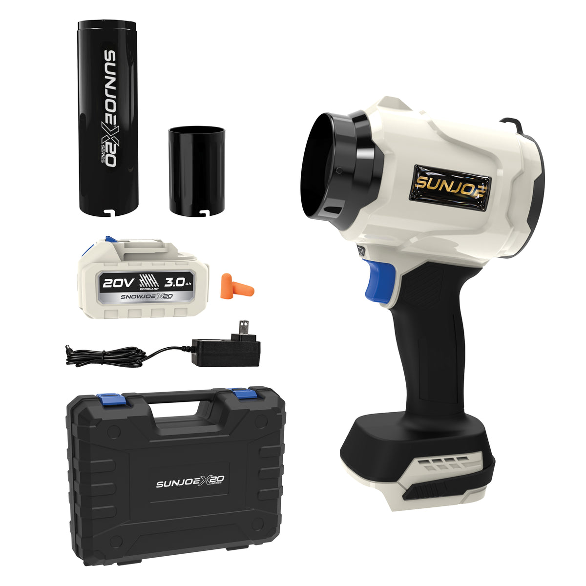 X20-STORMJET-3A blower, nozzle, 3.0 Ah battery, charger, and hard shell case